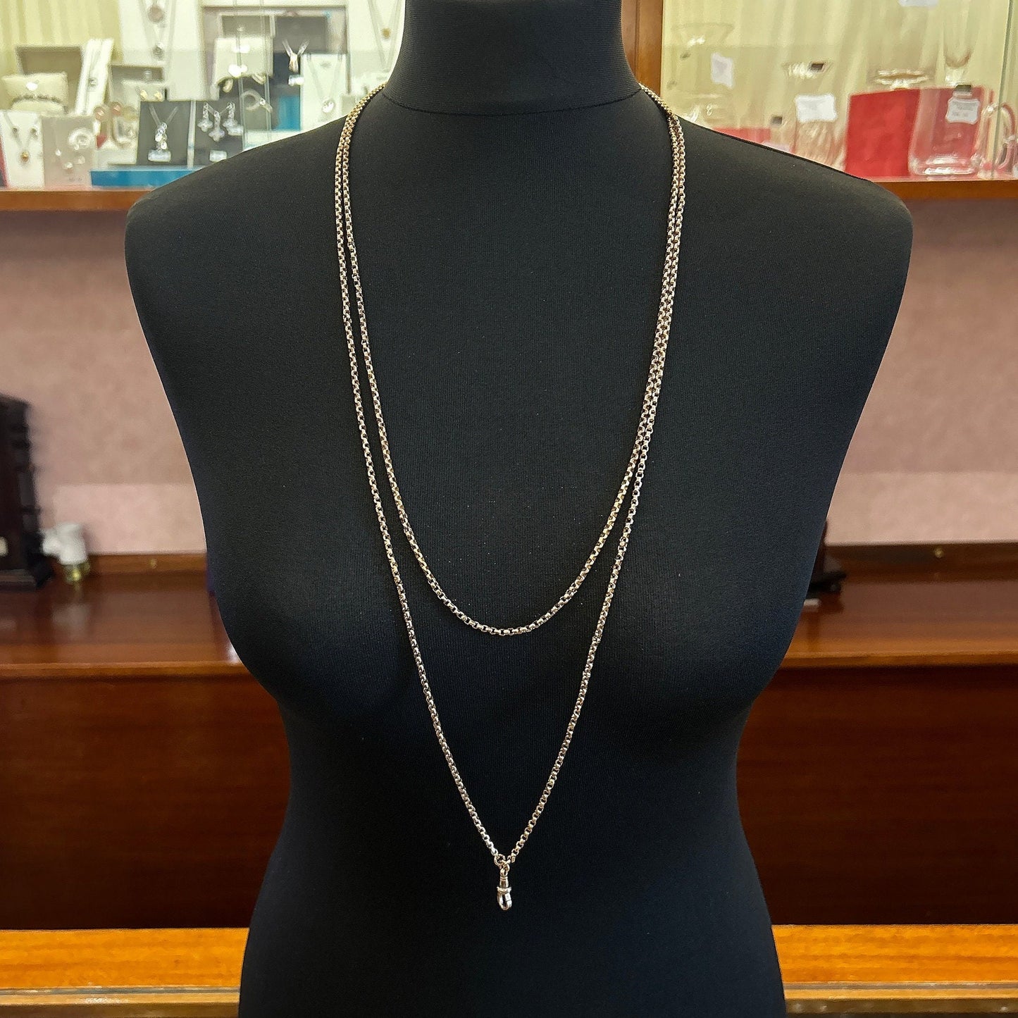 Antique 9ct Rose Gold Guard Chain. Victorian Gold Muff Chain, Long Chain. English Circa 1890. 65 Inches.