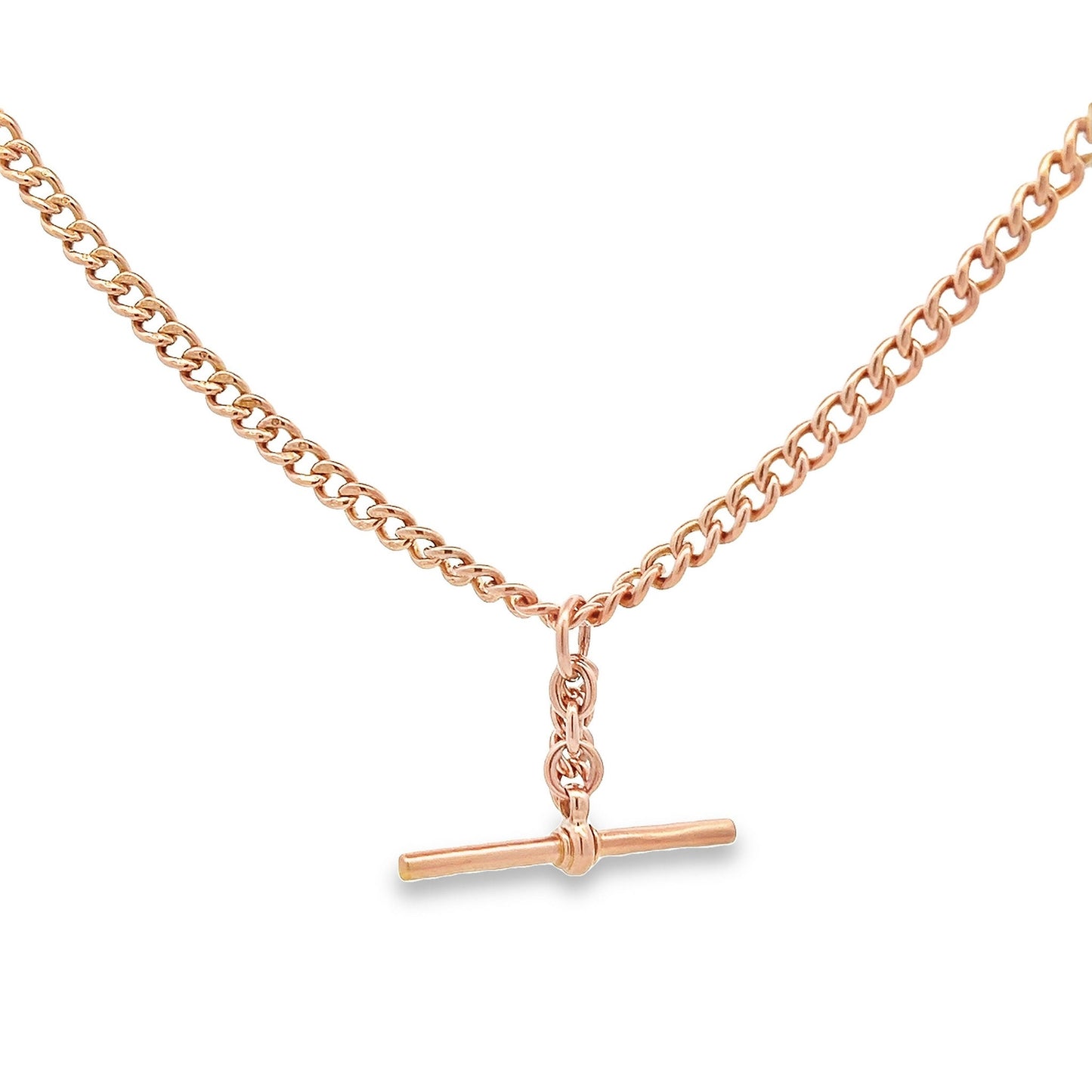 Antique 9ct Rose Gold Albert Watch Chain with T-Bar. Graduated Curb Link. Birmingham 1929. 15.25 Inches or 38.7cm in Length.