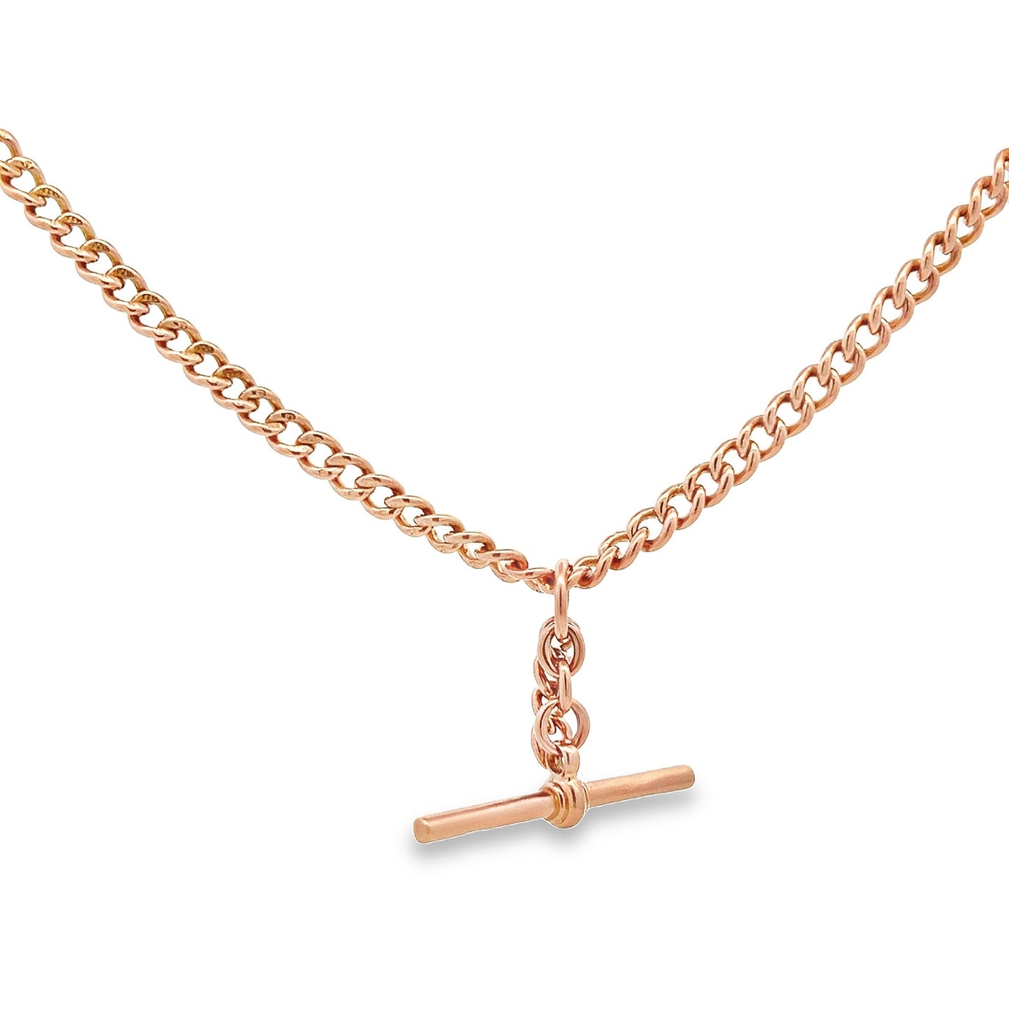 Antique 9ct Rose Gold Albert Watch Chain with T-Bar. Graduated Curb Link. Birmingham 1929. 15.25 Inches or 38.7cm in Length.