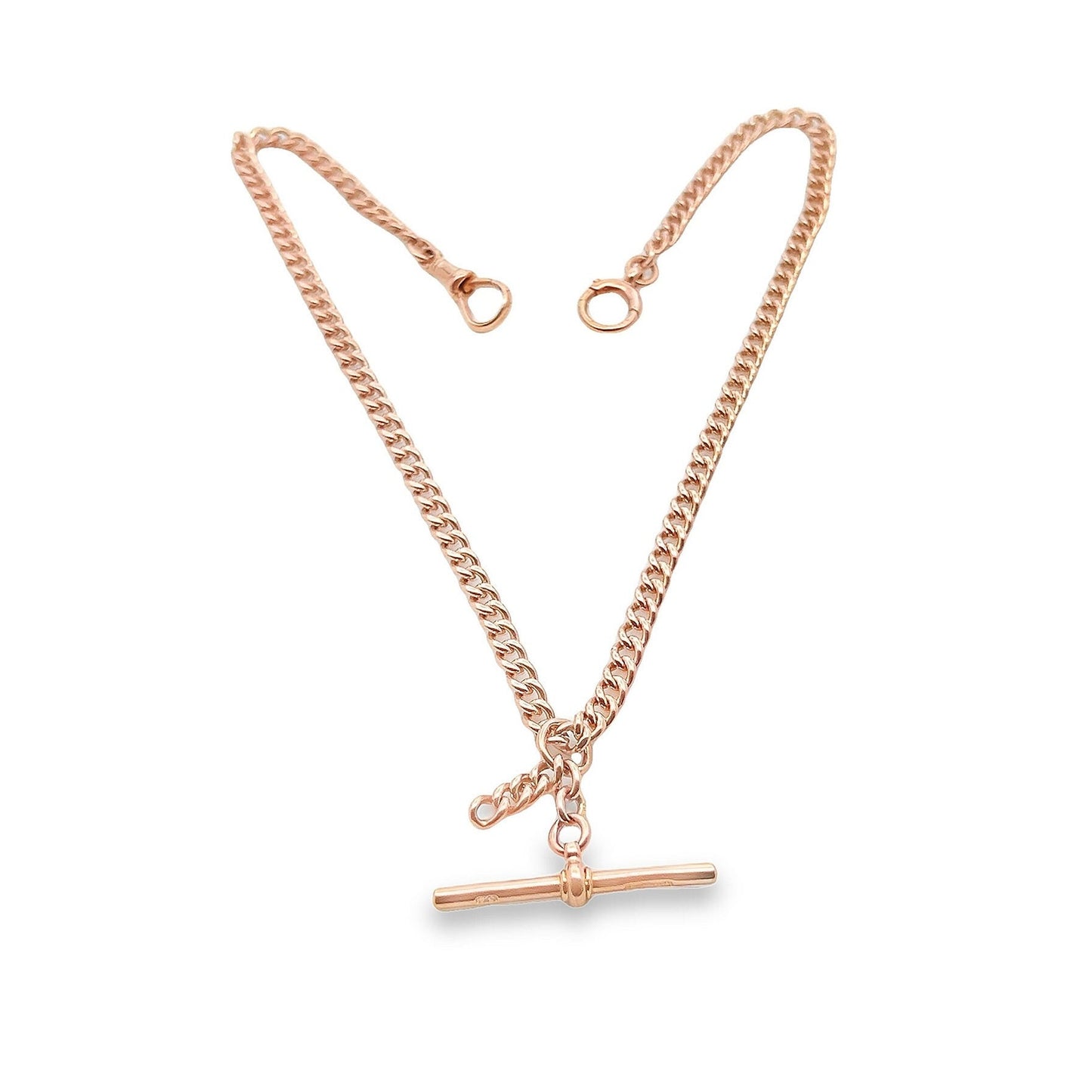 Antique 9ct Rose Gold Albert Watch Chain with T-Bar. Graduated Curb Link. Birmingham 1929. 15.25 Inches or 38.7cm in Length.