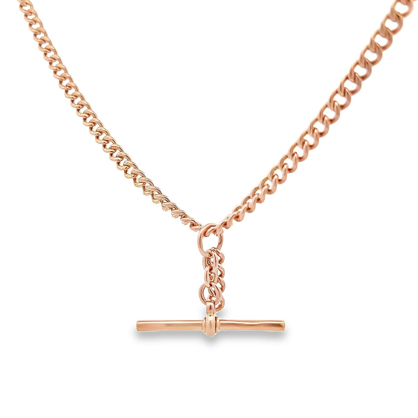 Antique 9ct Rose Gold Albert Watch Chain with T-Bar. Graduated Curb Link. Birmingham 1929. 15.25 Inches or 38.7cm in Length.