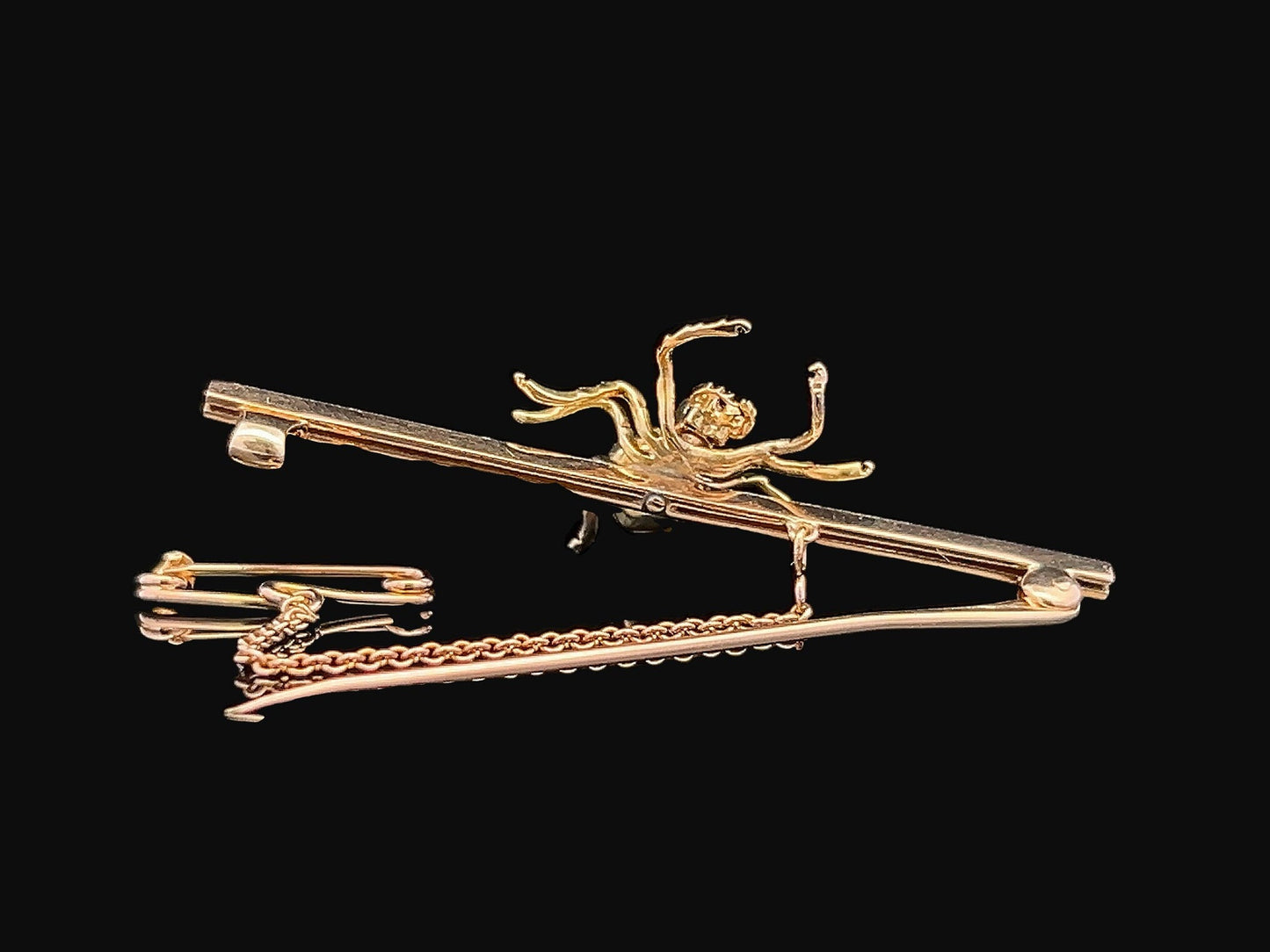 Antique Diamond, Pearl and Ruby 15ct Gold and Platinum Spider Bar Brooch. English Circa 1900-1920. Late Victorian / Edwardian.