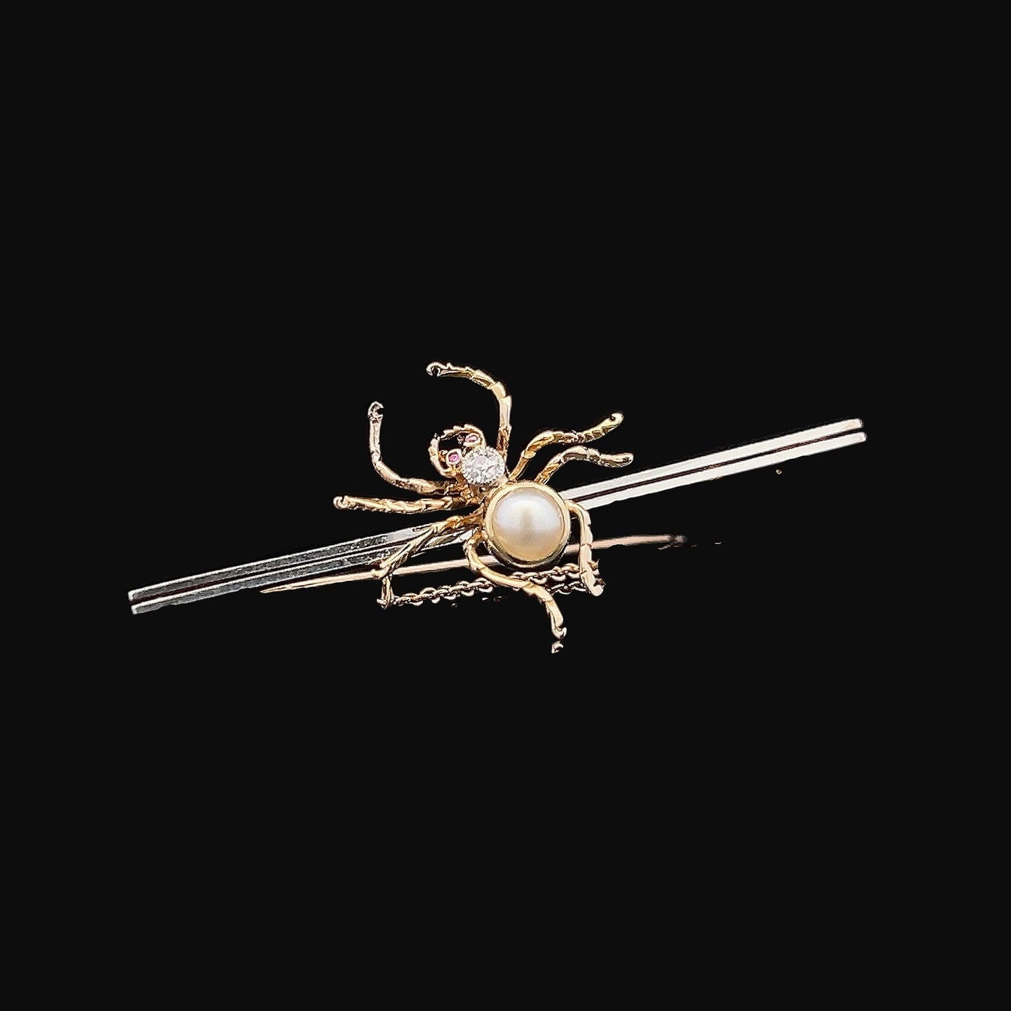 Antique Diamond, Pearl and Ruby 15ct Gold and Platinum Spider Bar Brooch. English Circa 1900-1920. Late Victorian / Edwardian.