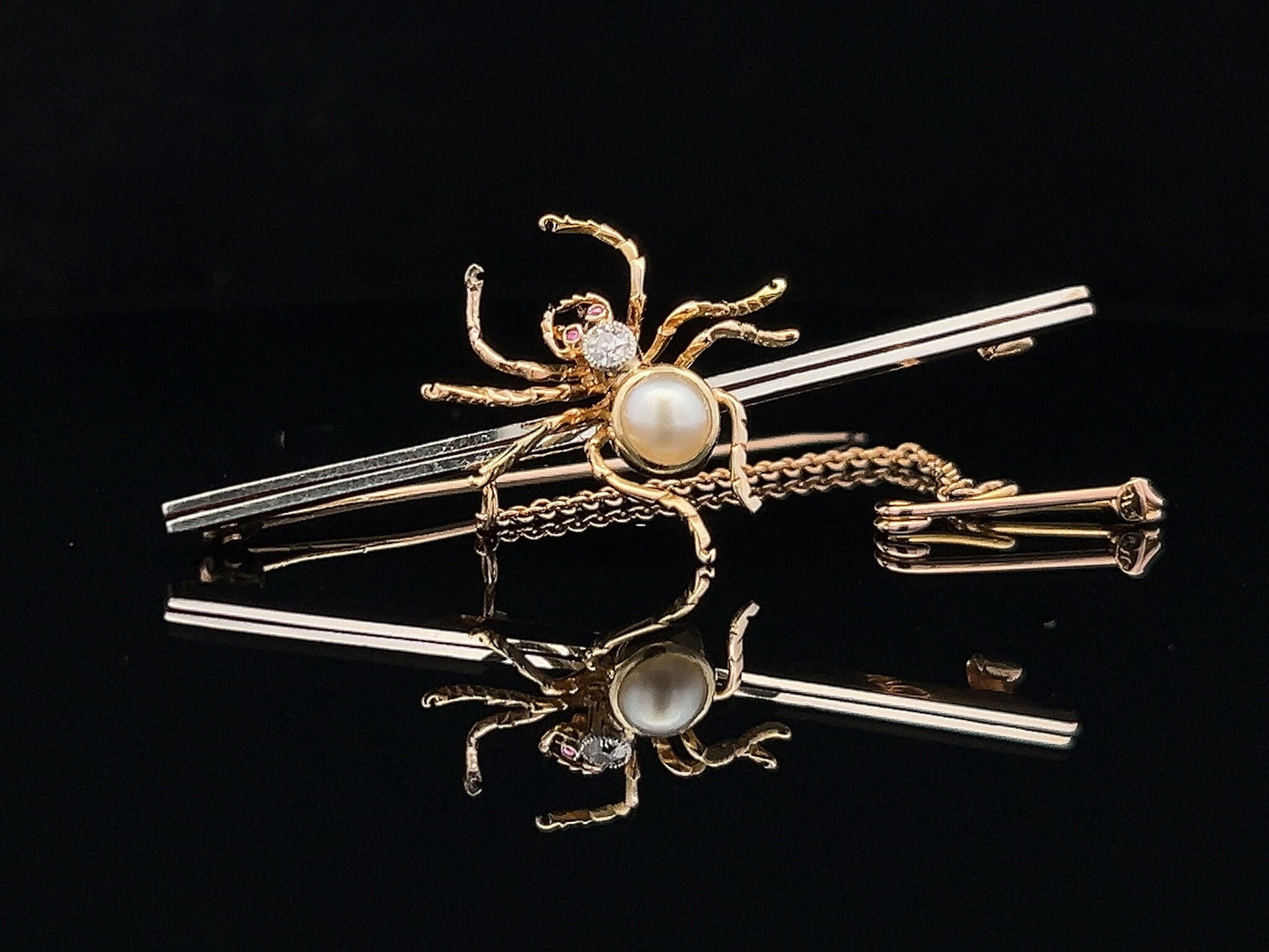 Antique Diamond, Pearl and Ruby 15ct Gold and Platinum Spider Bar Brooch. English Circa 1900-1920. Late Victorian / Edwardian.