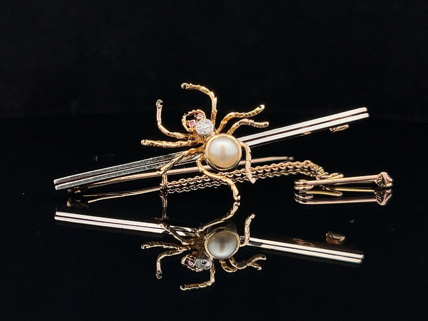 Antique Diamond, Pearl and Ruby 15ct Gold and Platinum Spider Bar Brooch. English Circa 1900-1920. Late Victorian / Edwardian.