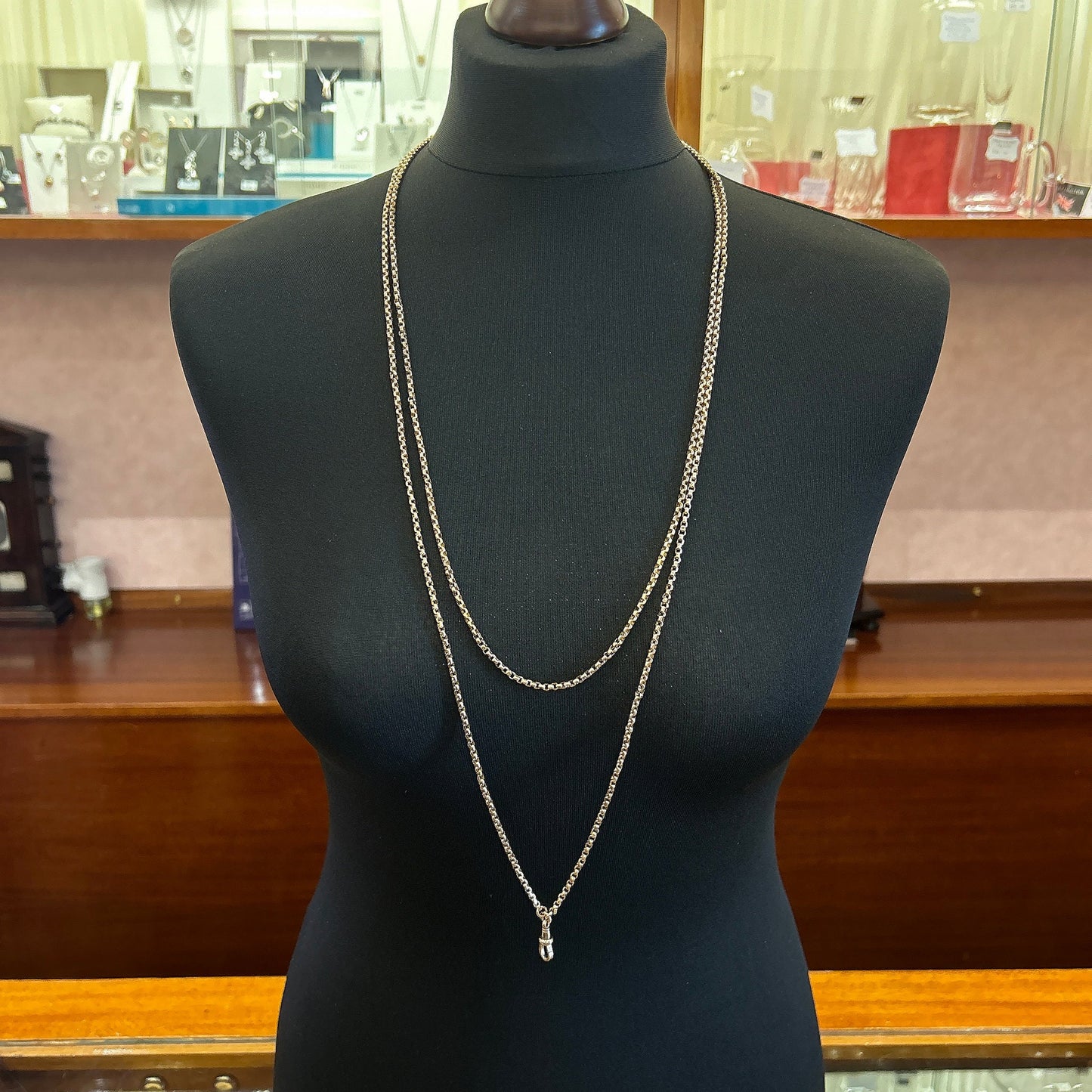 Antique 9ct Rose Gold Guard Chain. Victorian Gold Muff Chain, Long Chain. English Circa 1890. 65 Inches.