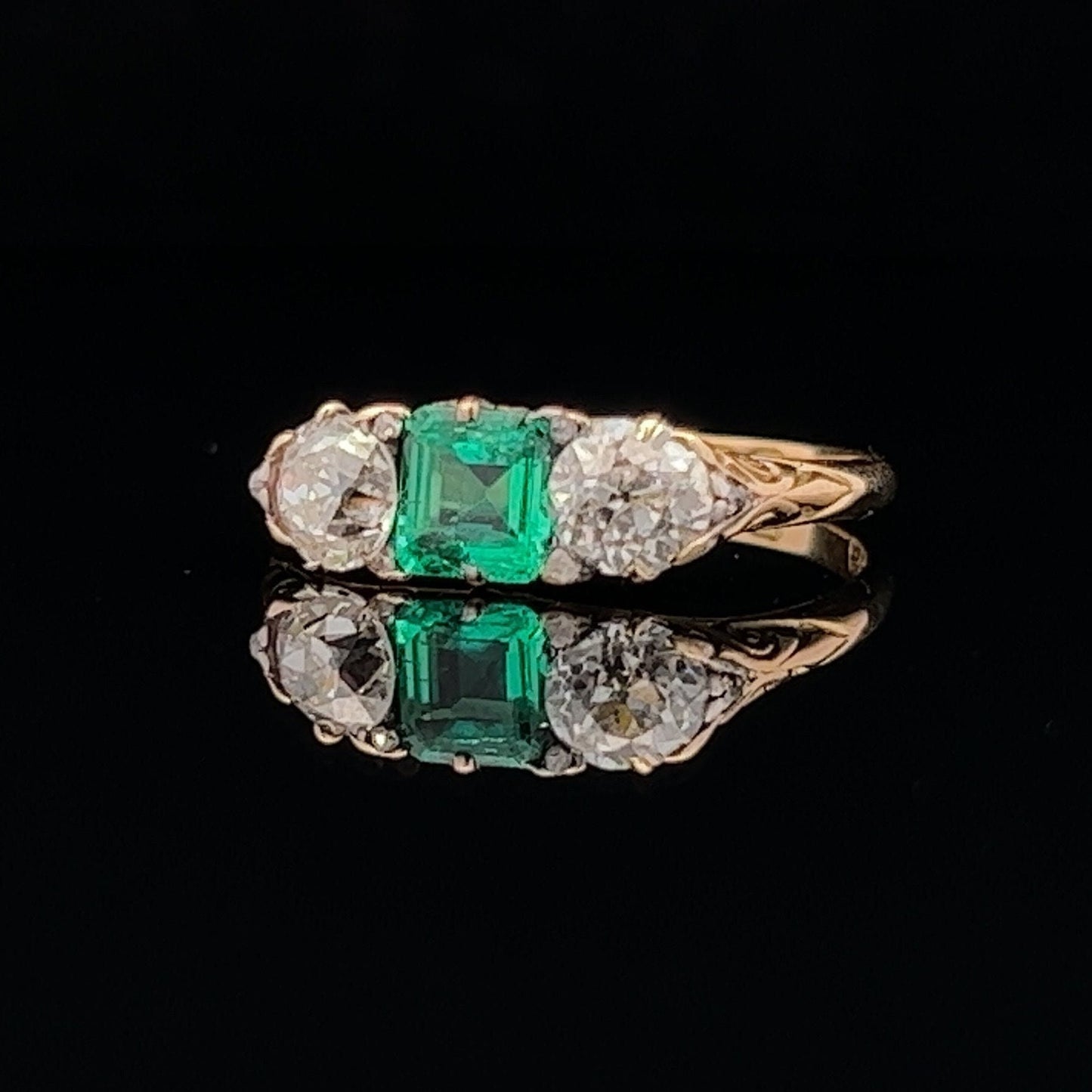 Antique Certificated Colombian Emerald and Diamond 18ct Gold Carved Ring. English Hallmarked 1899.