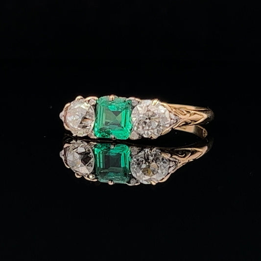 Antique Certificated Colombian Emerald and Diamond 18ct Gold Carved Ring. English Hallmarked 1899.