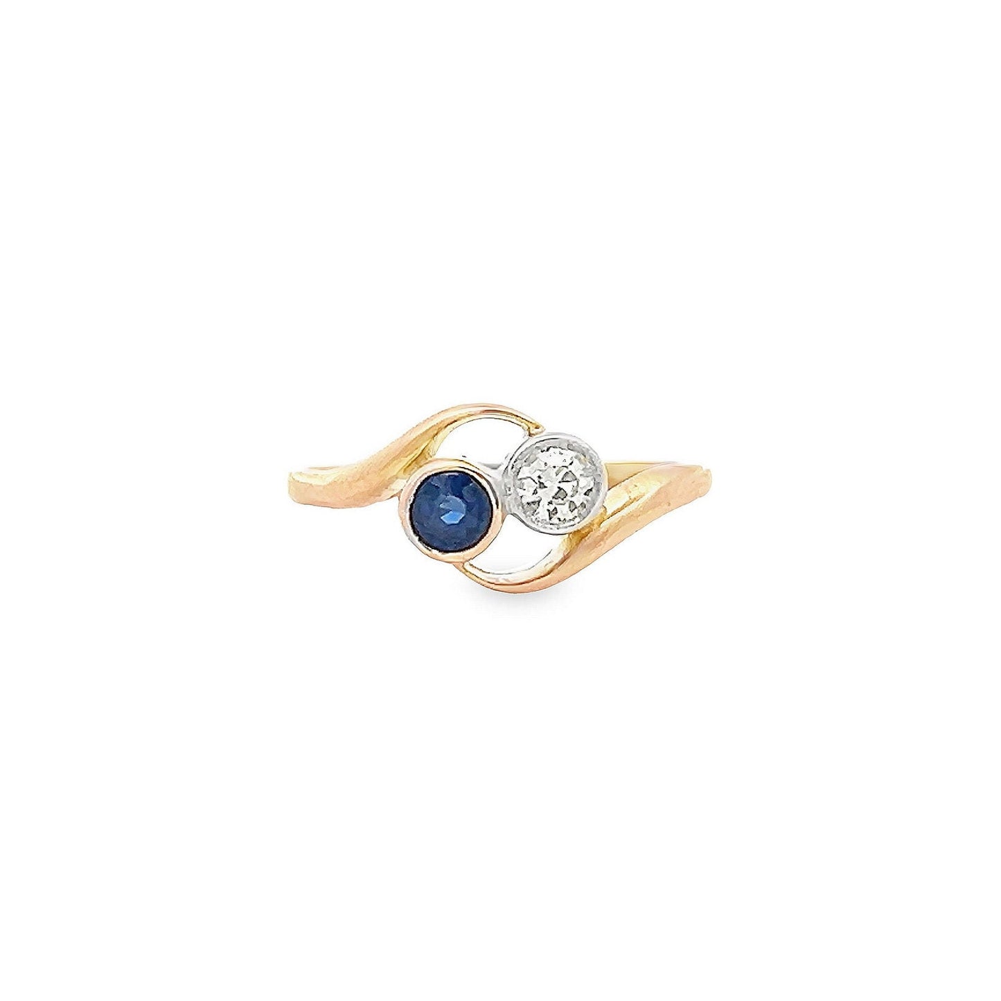 Antique Art Nouveau Sapphire and Diamond 18ct Gold 'Toi et Moi' Crossover Ring. 18ct Gold With Platinum Settings. English Circa 1900/1910.