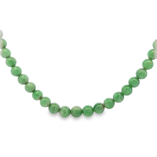 Antique Art Deco Jade Necklace with Diamond Set 18ct White Gold Clasp. Circa 1920's. 26 inch. Lovely Green Beads.  9.1mm  to  4.1mm.   55.9g