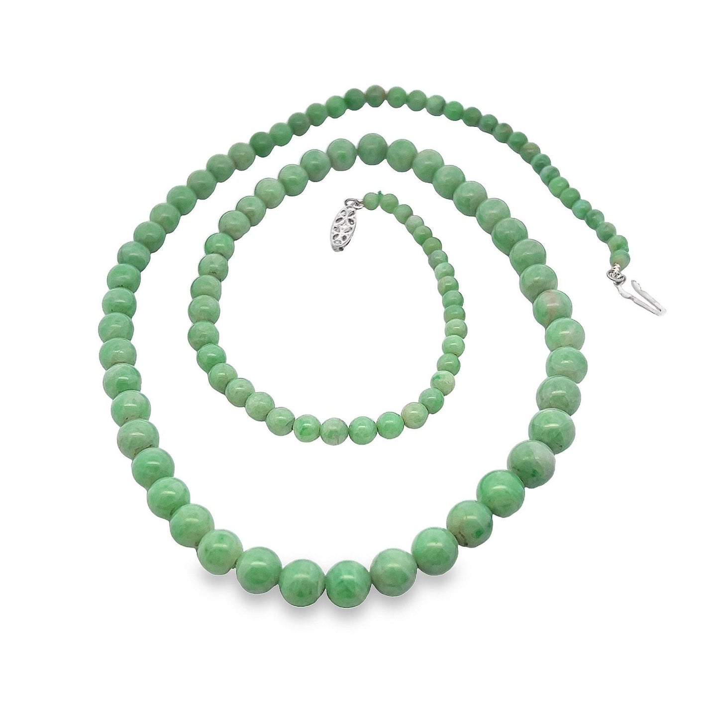 Antique Art Deco Jade Necklace with Diamond Set 18ct White Gold Clasp. Circa 1920's. 26 inch. Lovely Green Beads.  9.1mm  to  4.1mm.   55.9g
