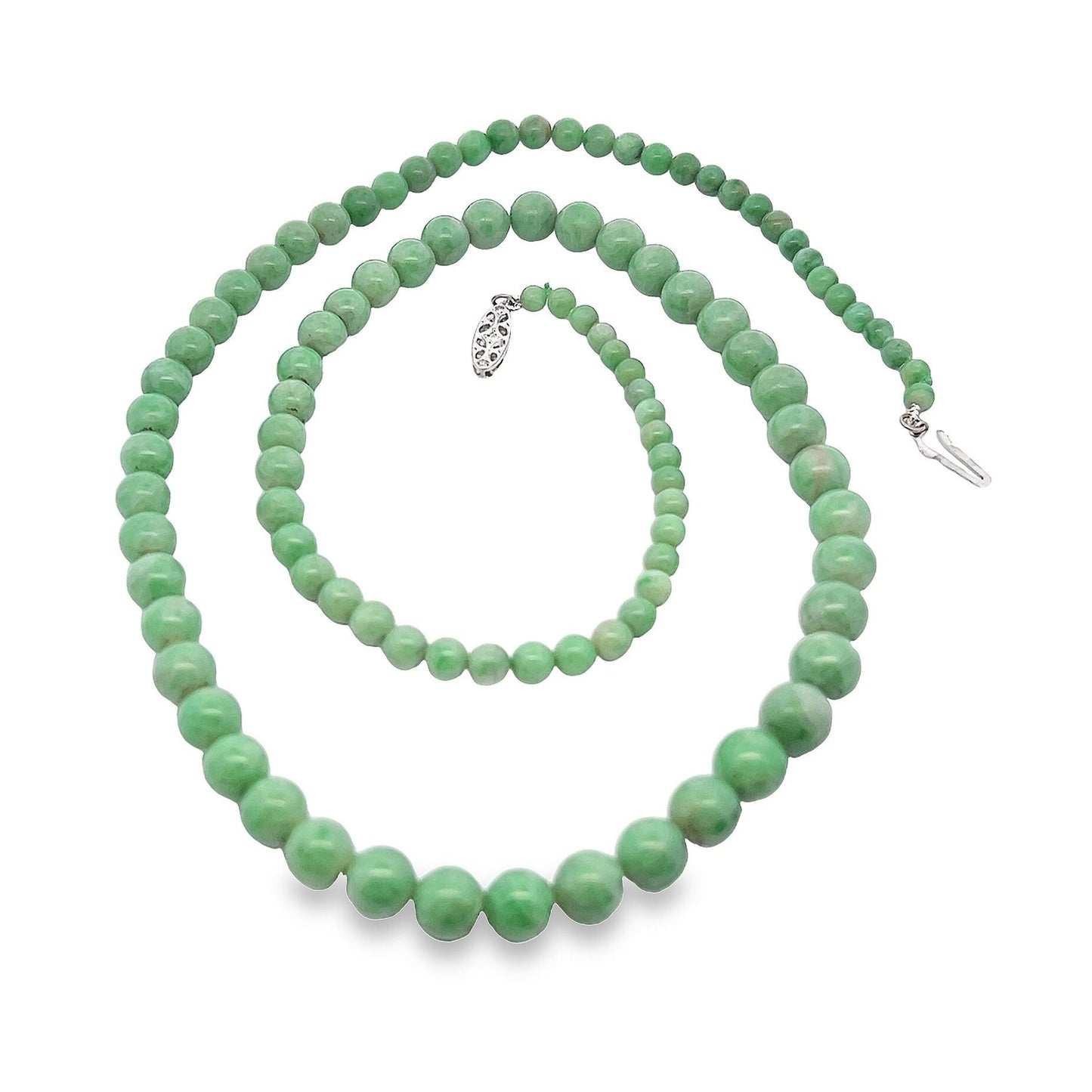 Antique Art Deco Jade Necklace with Diamond Set 18ct White Gold Clasp. Circa 1920's. 26 inch. Lovely Green Beads.  9.1mm  to  4.1mm.   55.9g