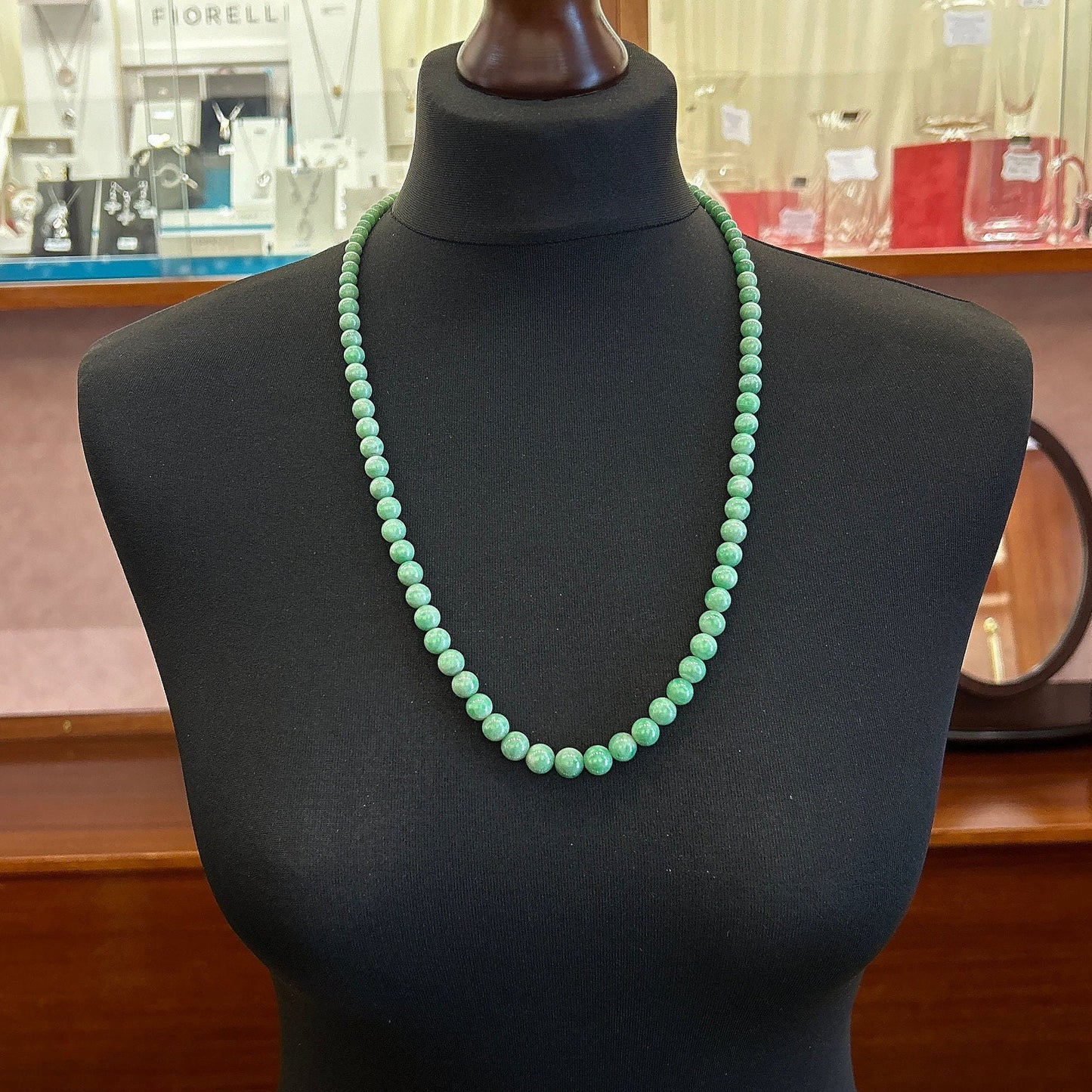 Antique Art Deco Jade Necklace with Diamond Set 18ct White Gold Clasp. Circa 1920's. 26 inch. Lovely Green Beads.  9.1mm  to  4.1mm.   55.9g