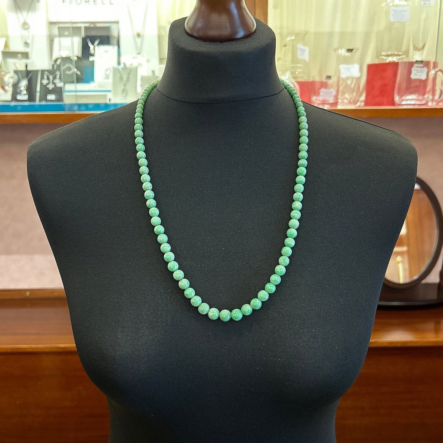 Antique Art Deco Jade Necklace with Diamond Set 18ct White Gold Clasp. Circa 1920's. 26 inch. Lovely Green Beads.  9.1mm  to  4.1mm.   55.9g