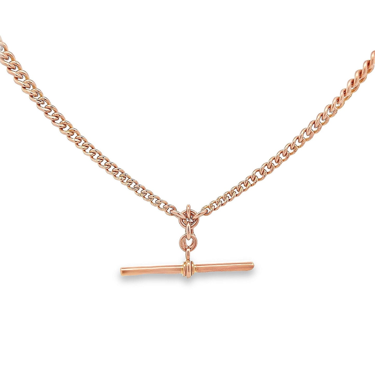 Antique Art Deco 9ct Rose Gold Double Albert Watch Chain with T-Bar. Graduated Curb Link. Birmingham 1927.