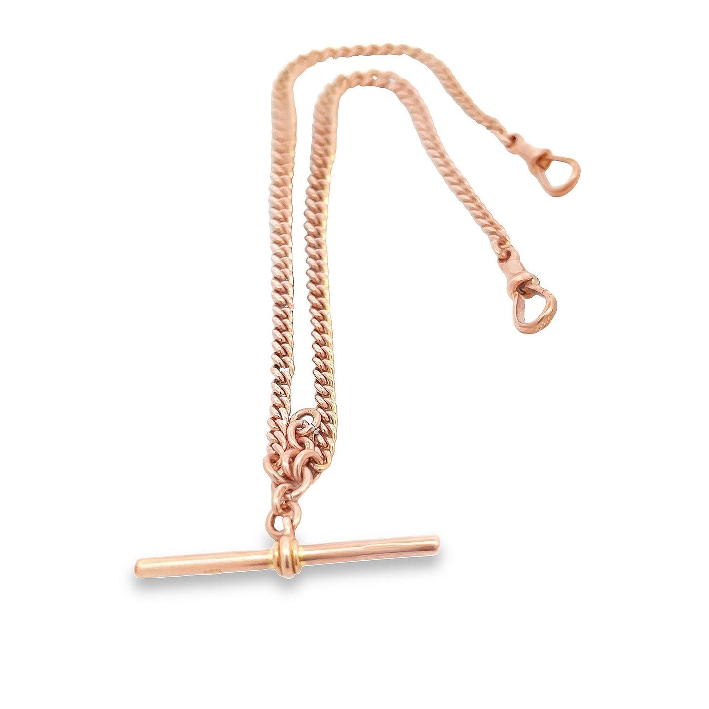Antique Art Deco 9ct Rose Gold Double Albert Watch Chain with T-Bar. Graduated Curb Link. Birmingham 1927.