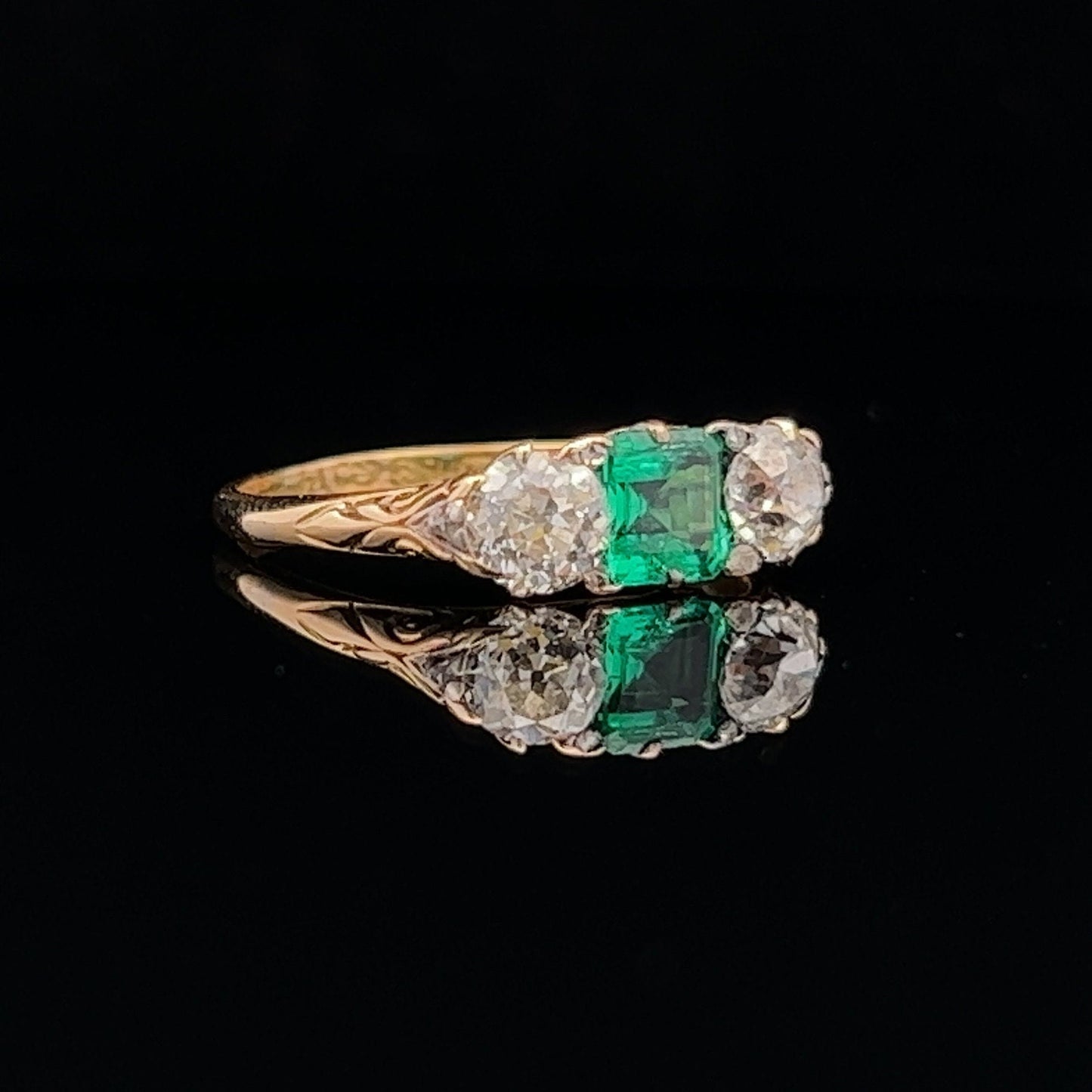 Antique Certificated Colombian Emerald and Diamond 18ct Gold Carved Ring. English Hallmarked 1899.