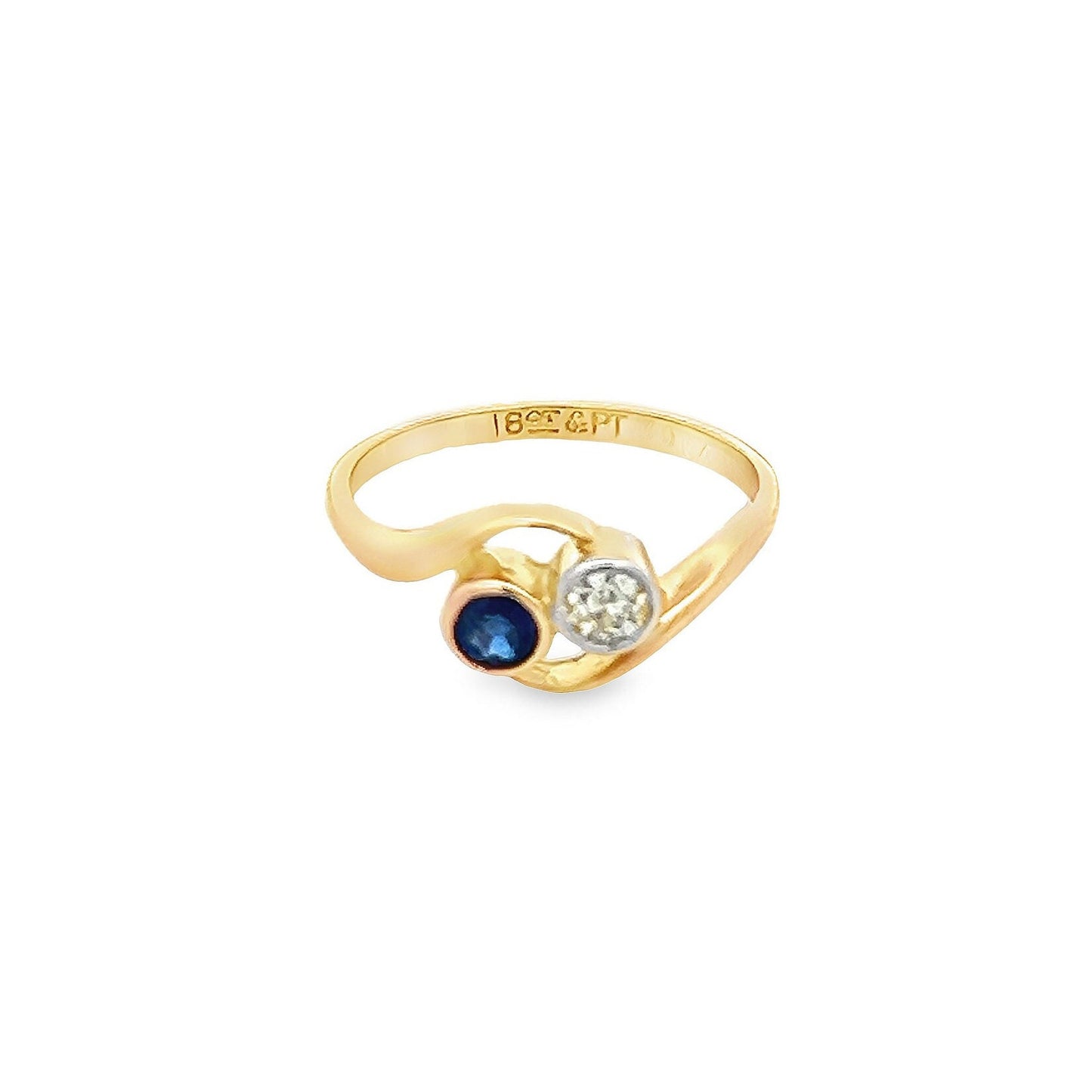 Antique Art Nouveau Sapphire and Diamond 18ct Gold 'Toi et Moi' Crossover Ring. 18ct Gold With Platinum Settings. English Circa 1900/1910.