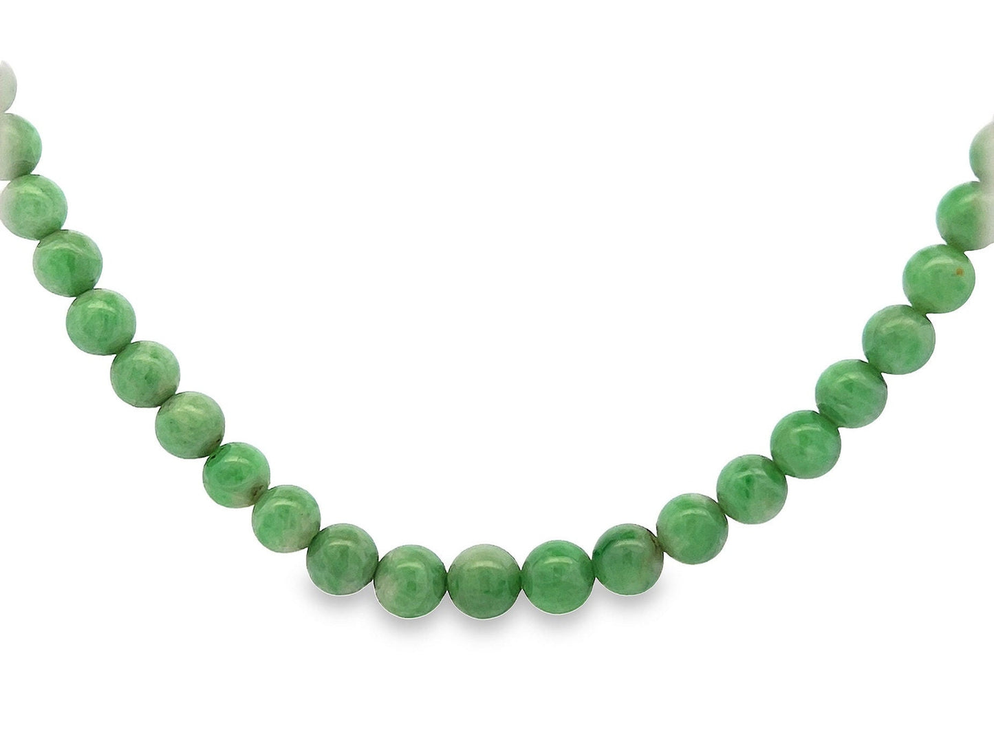 Antique Art Deco Jade Necklace with Diamond Set 18ct White Gold Clasp. Circa 1920's. 26 inch. Lovely Green Beads.  9.1mm  to  4.1mm.   55.9g