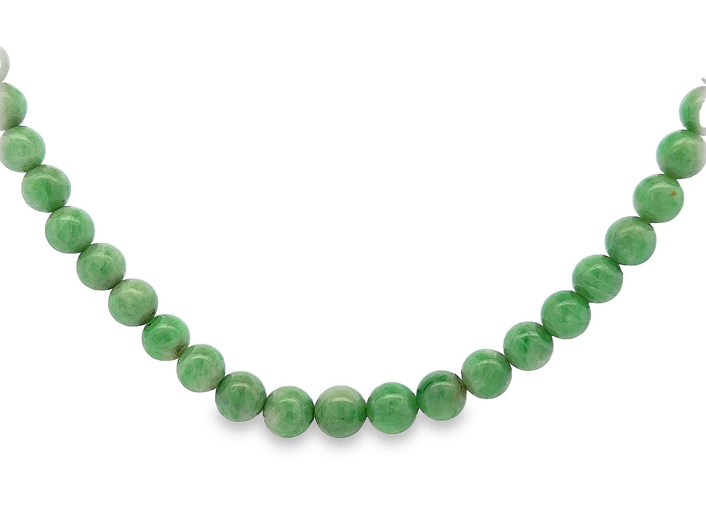 Antique Art Deco Jade Necklace with Diamond Set 18ct White Gold Clasp. Circa 1920's. 26 inch. Lovely Green Beads.  9.1mm  to  4.1mm.   55.9g