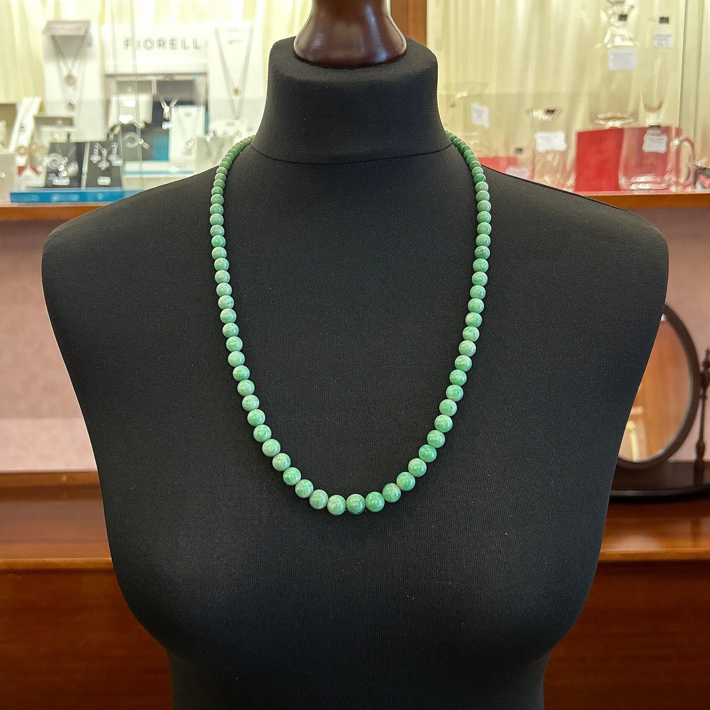 Antique Art Deco Jade Necklace with Diamond Set 18ct White Gold Clasp. Circa 1920's. 26 inch. Lovely Green Beads.  9.1mm  to  4.1mm.   55.9g