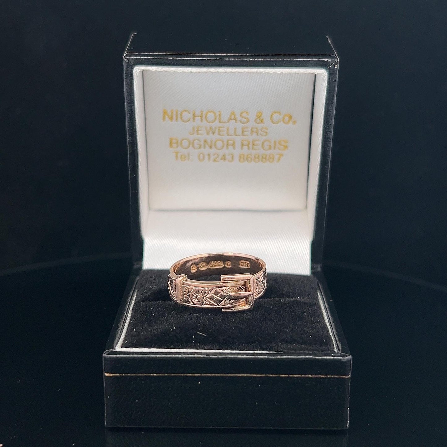 Antique Edwardian 9ct Gold Buckle Ring. Birmingham 1912. Crisp Example with Fine Engraving.