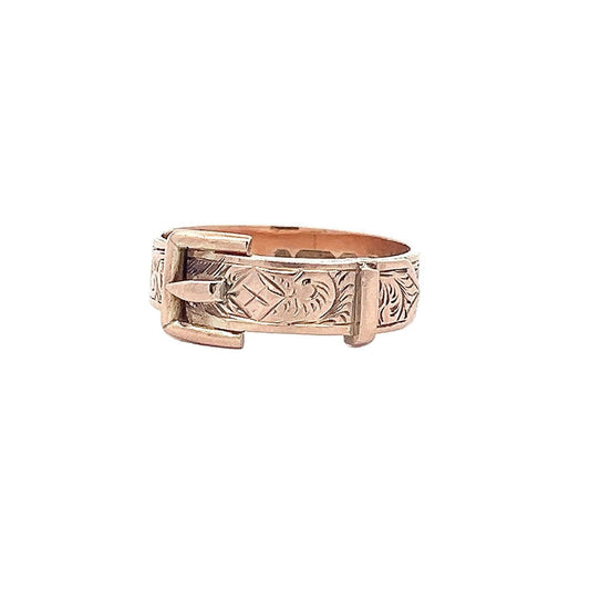 Antique Edwardian 9ct Gold Buckle Ring. Birmingham 1912. Crisp Example with Fine Engraving.