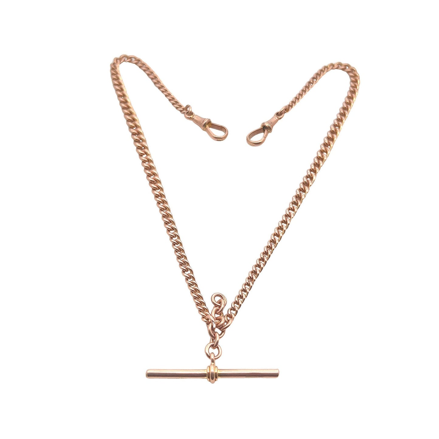 Antique Art Deco 9ct Rose Gold Double Albert Watch Chain with T-Bar. Graduated Curb Link. Birmingham 1927.