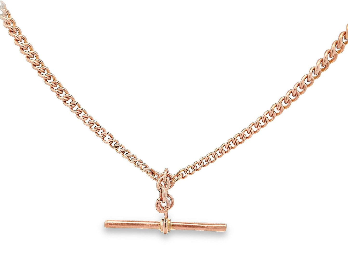 Antique Art Deco 9ct Rose Gold Double Albert Watch Chain with T-Bar. Graduated Curb Link. Birmingham 1927.