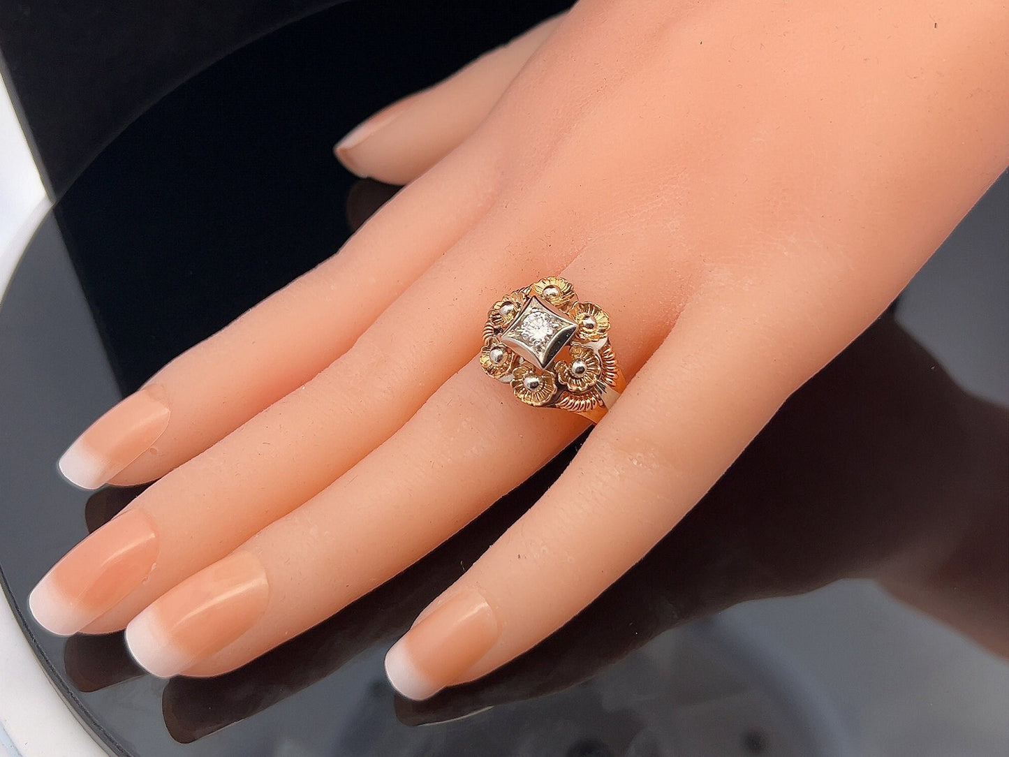 A Stylish Vintage Mid-Century Diamond Set 18ct Gold Cocktail Ring. Two-tone 18ct Gold Cocktail Ring. 0.30 Carats Diamond.