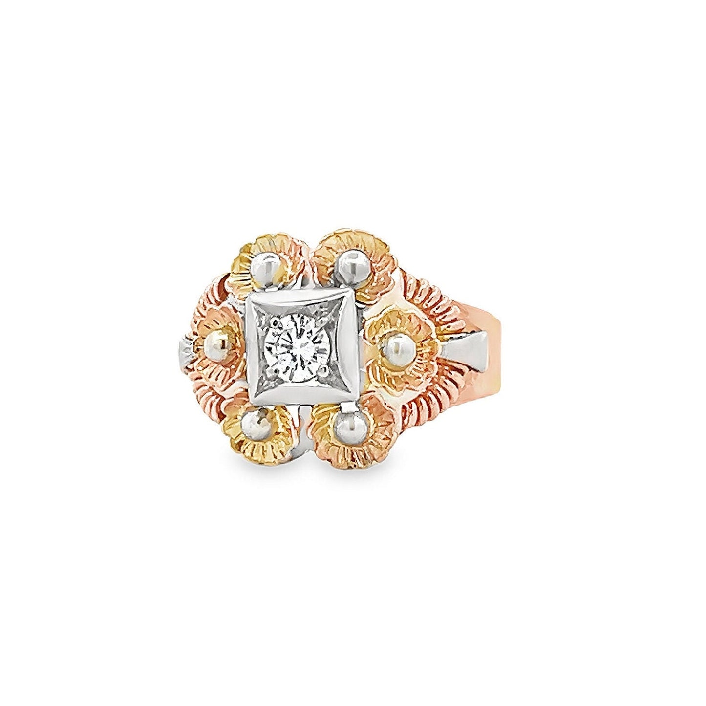 A Stylish Vintage Mid-Century Diamond Set 18ct Gold Cocktail Ring. Two-tone 18ct Gold Cocktail Ring. 0.30 Carats Diamond.