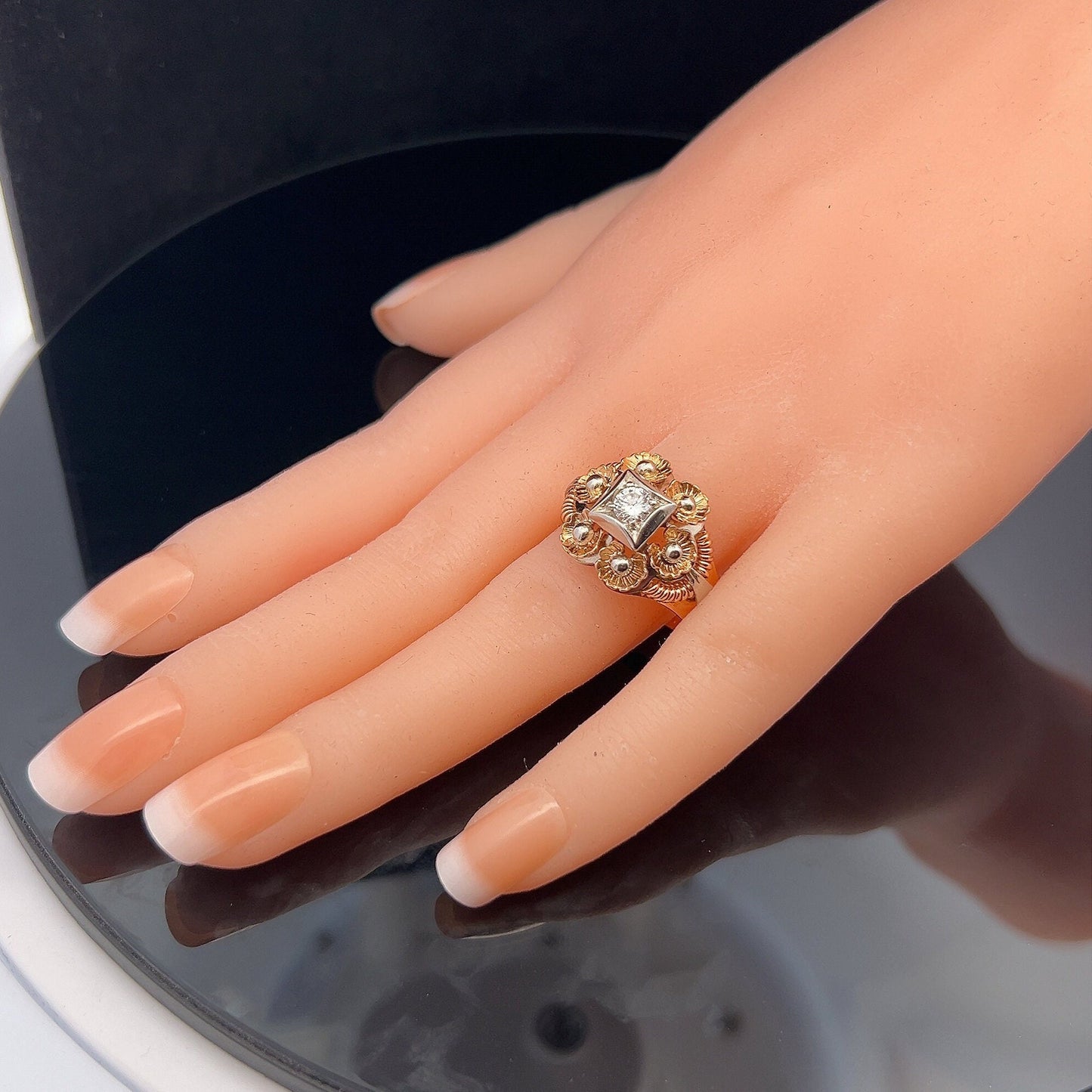 A Stylish Vintage Mid-Century Diamond Set 18ct Gold Cocktail Ring. Two-tone 18ct Gold Cocktail Ring. 0.30 Carats Diamond.