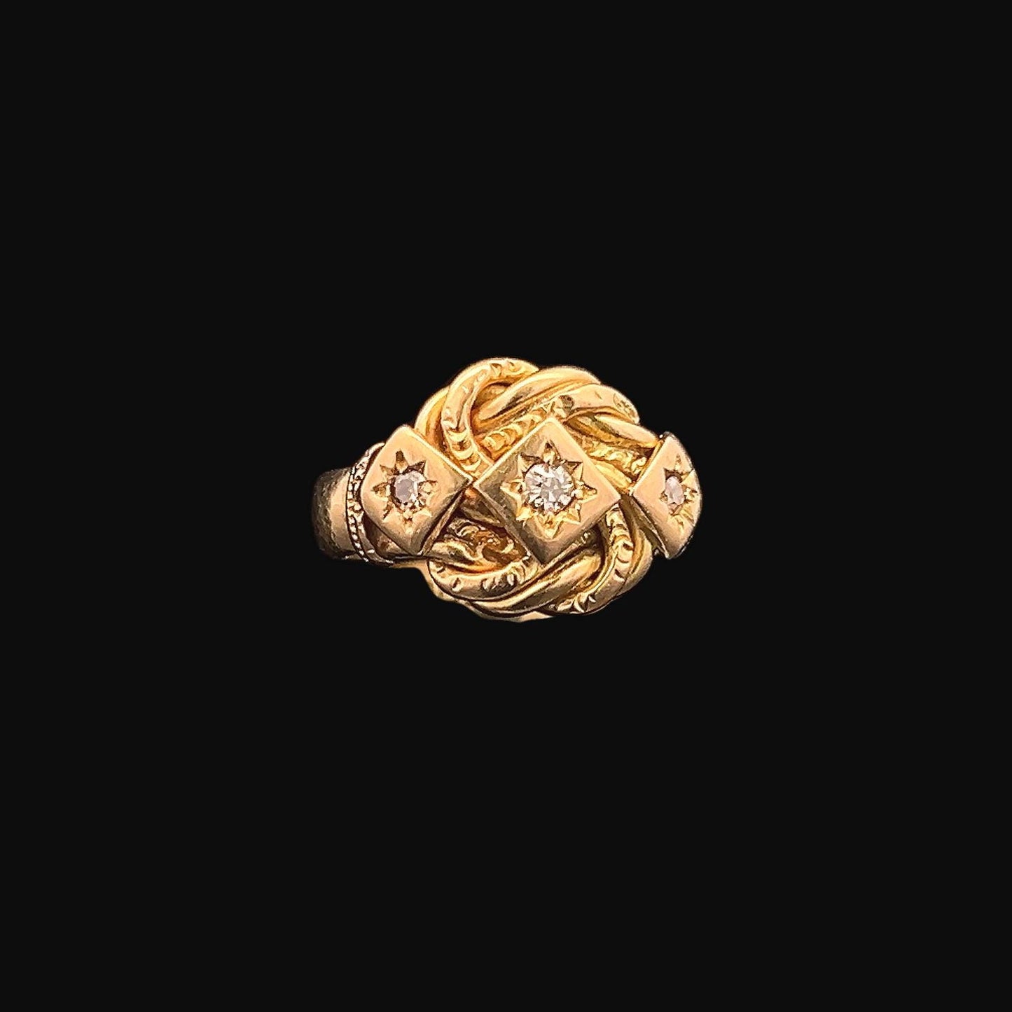 Antique Edwardian 18ct Gold Lover’s Knot Ring. Old Mine Cut Diamonds. Diamond Gypsy Star Set Ring. London 1917. Excellent Example 6.5g