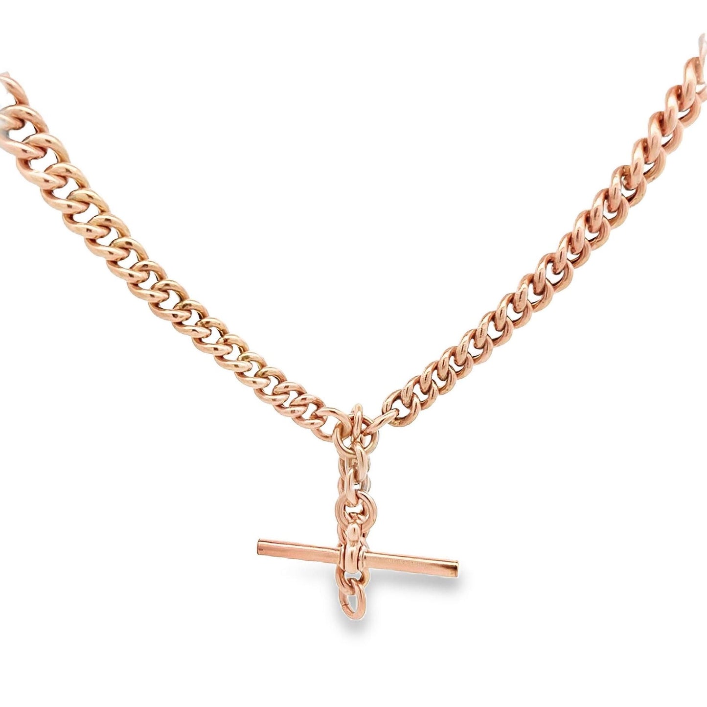 Antique 9ct Rose Gold Albert Watch Chain with T-Bar. Graduated Hollow Curb Link. 15 Inches / 38.1cm in Length.
