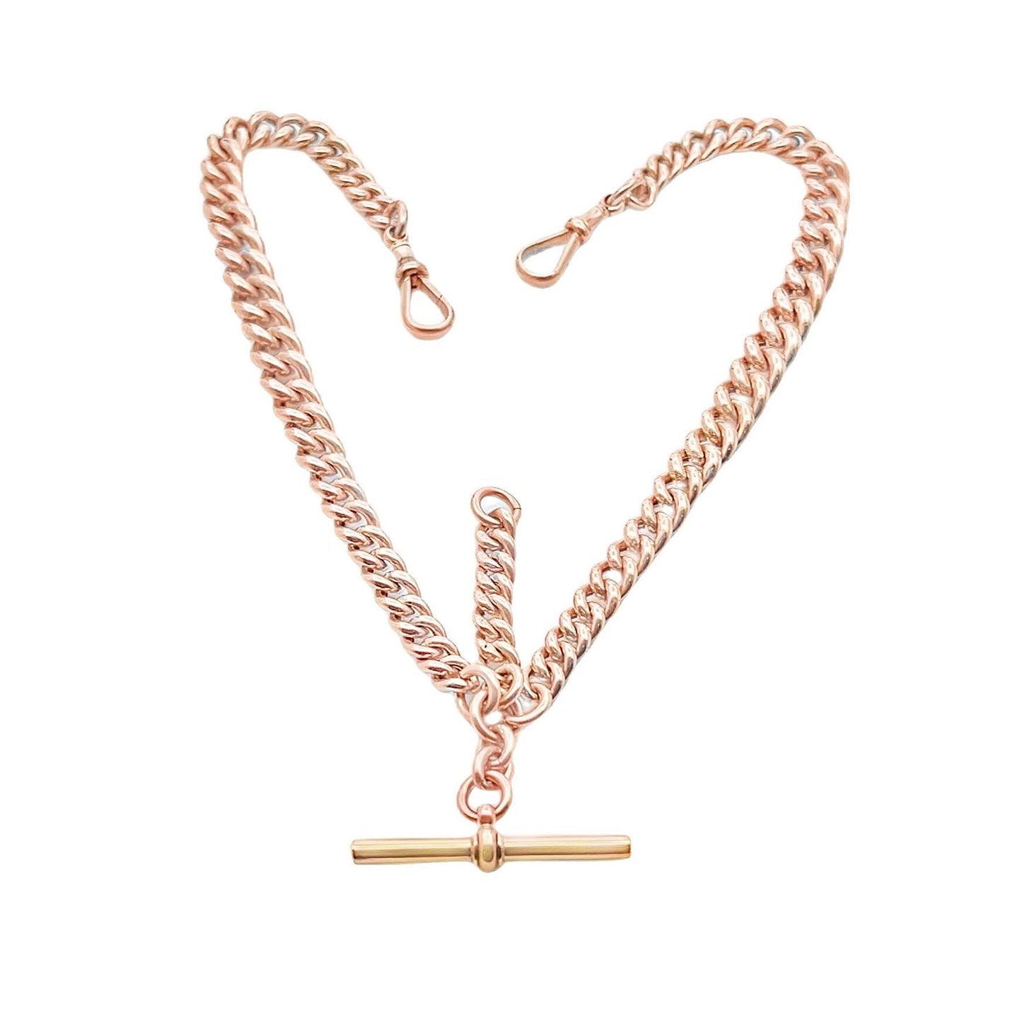 Antique 9ct Rose Gold Albert Watch Chain with T-Bar. Graduated Hollow Curb Link. 15 Inches / 38.1cm in Length.
