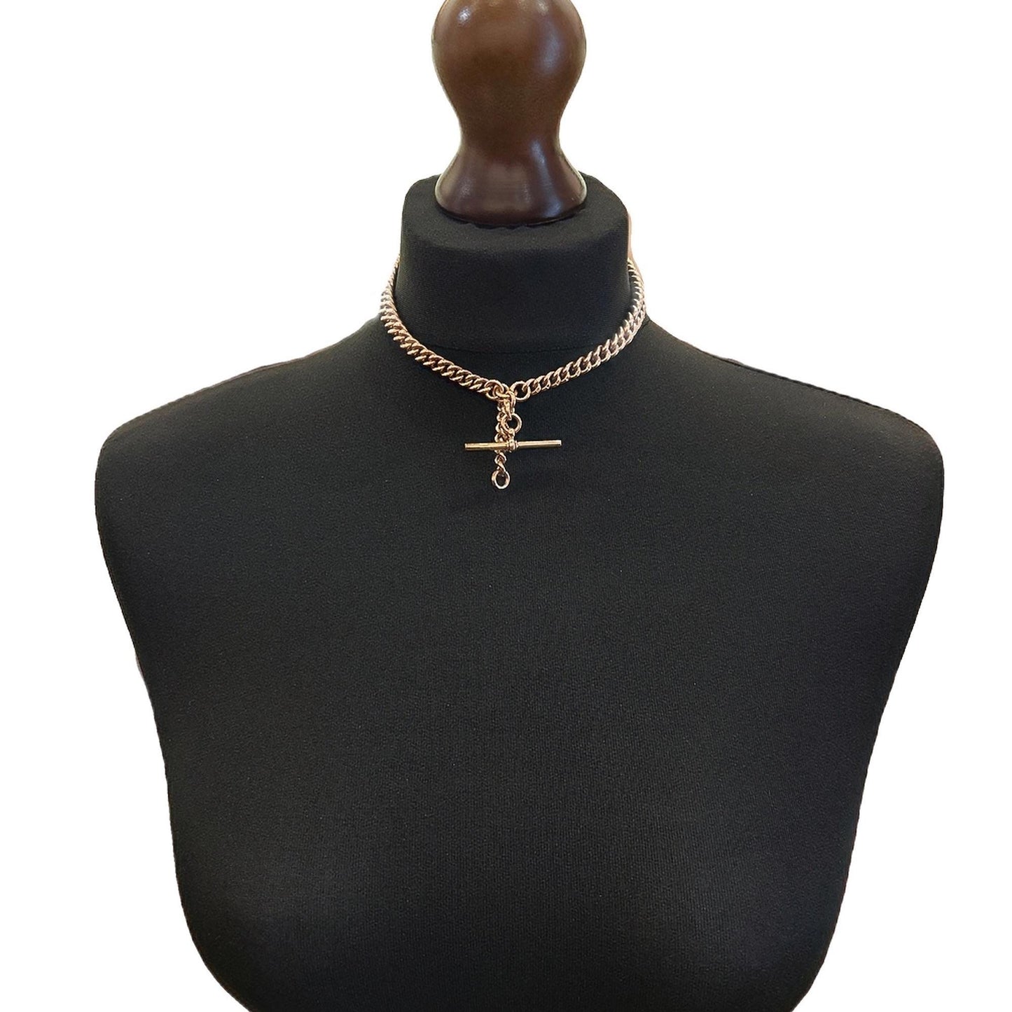 Antique 9ct Rose Gold Albert Watch Chain with T-Bar. Graduated Hollow Curb Link. 15 Inches / 38.1cm in Length.