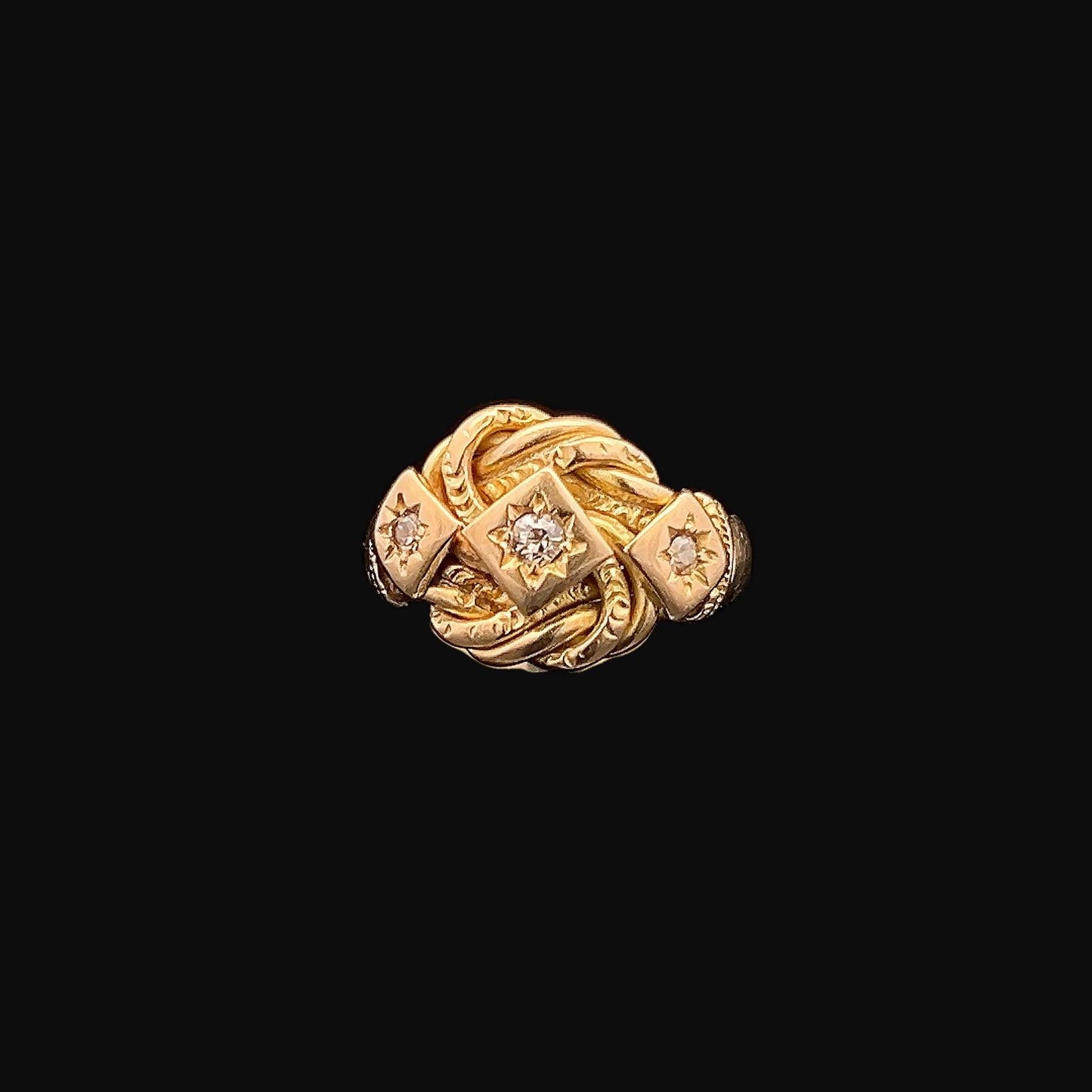Antique Edwardian 18ct Gold Lover’s Knot Ring. Old Mine Cut Diamonds. Diamond Gypsy Star Set Ring. London 1917. Excellent Example 6.5g