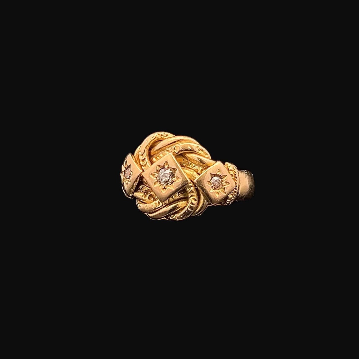 Antique Edwardian 18ct Gold Lover’s Knot Ring. Old Mine Cut Diamonds. Diamond Gypsy Star Set Ring. London 1917. Excellent Example 6.5g