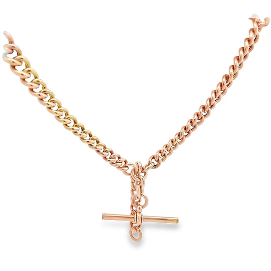 Antique 9ct Rose Gold Albert Watch Chain with T-Bar. Graduated Hollow Curb Link. 15 Inches / 38.1cm in Length.