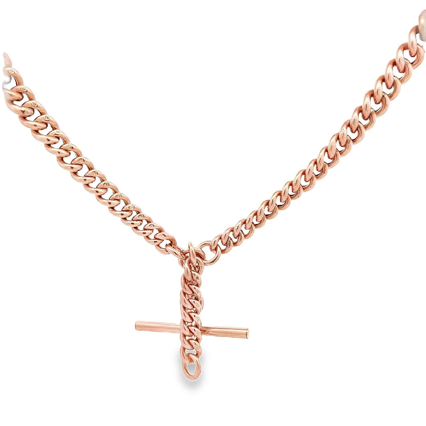 Antique 9ct Rose Gold Albert Watch Chain with T-Bar. Graduated Hollow Curb Link. 15 Inches / 38.1cm in Length.