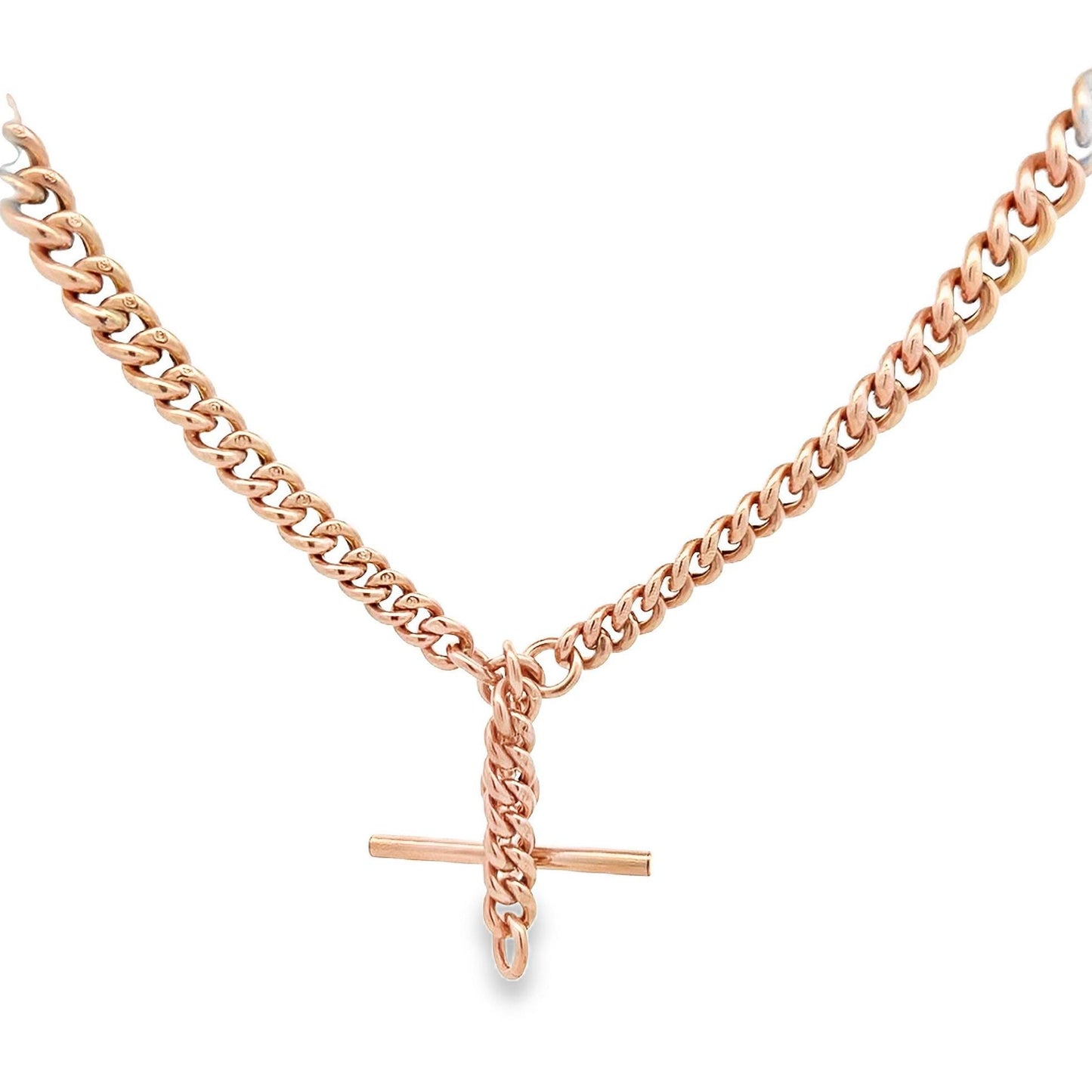 Antique 9ct Rose Gold Albert Watch Chain with T-Bar. Graduated Hollow Curb Link. 15 Inches / 38.1cm in Length.