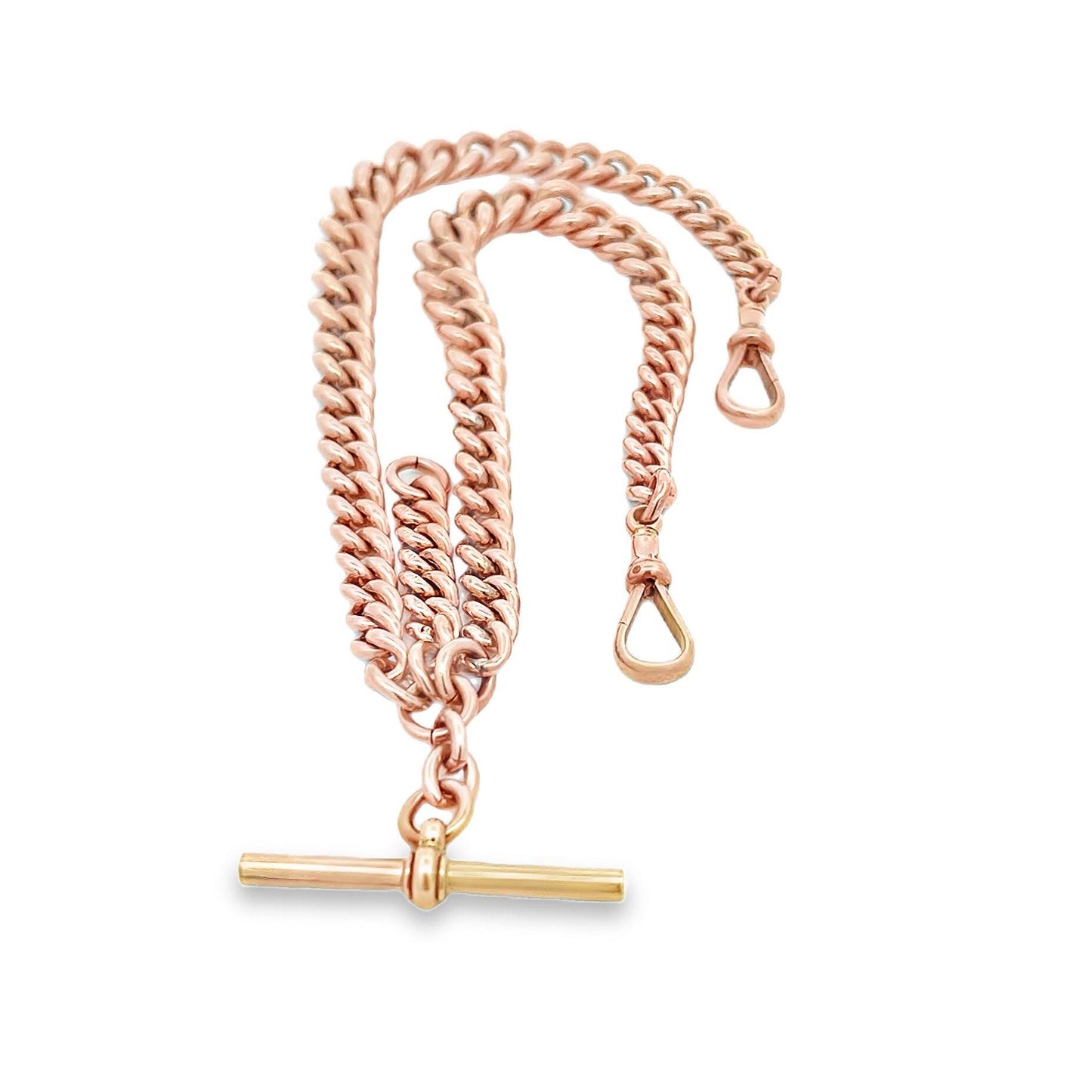 Antique 9ct Rose Gold Albert Watch Chain with T-Bar. Graduated Hollow Curb Link. 15 Inches / 38.1cm in Length.