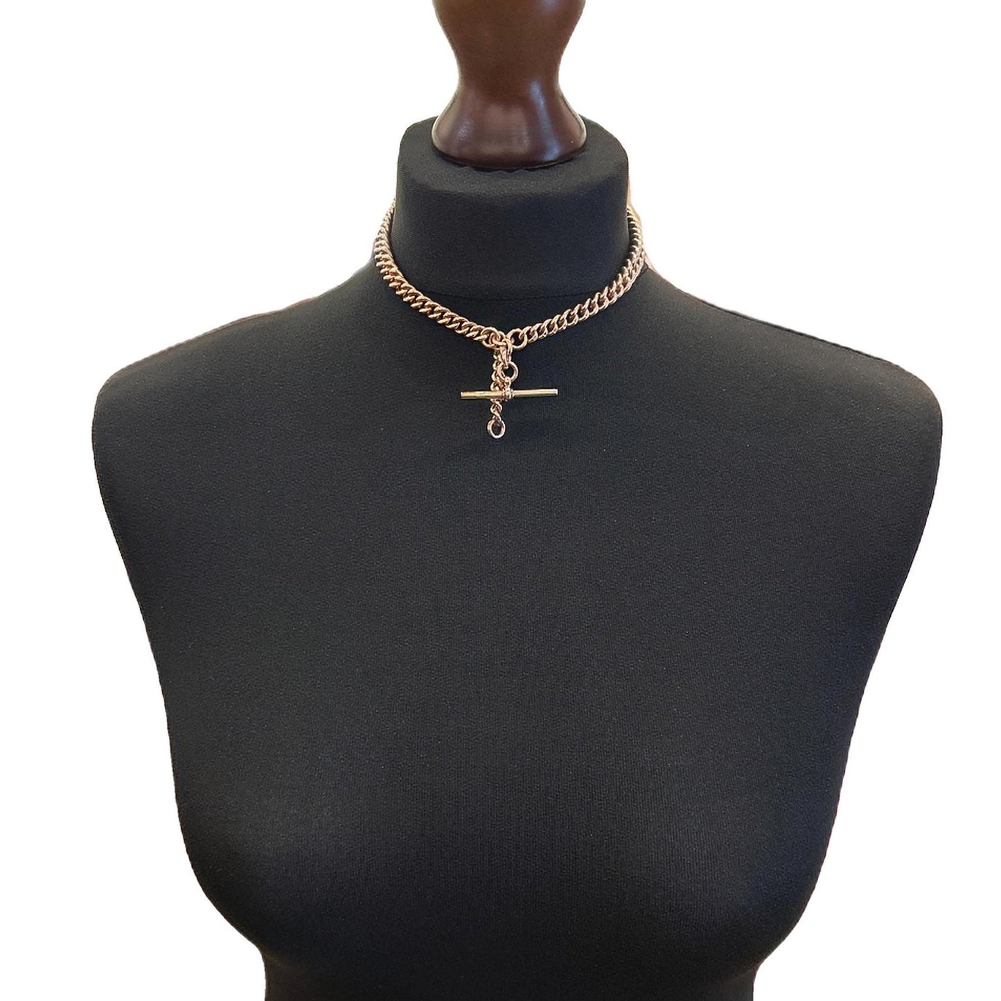 Antique 9ct Rose Gold Albert Watch Chain with T-Bar. Graduated Hollow Curb Link. 15 Inches / 38.1cm in Length.