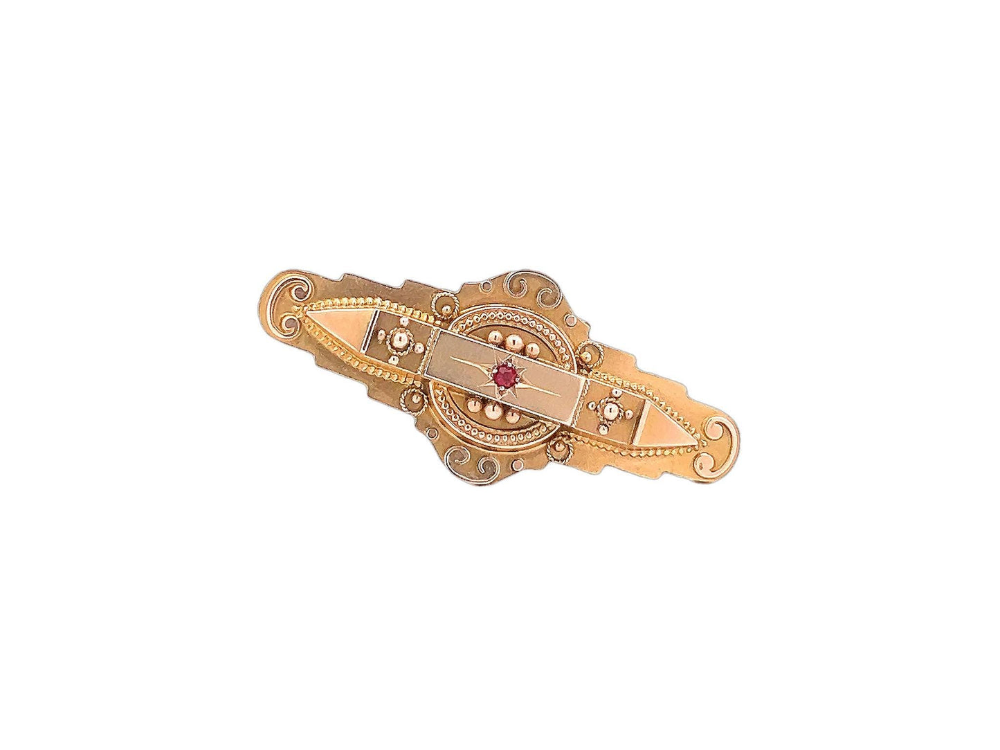 Antique Edwardian 'Locket Back' Star Set Ruby 9ct Gold Etruscan Revival Bar Brooch. Dated Birmingham 1907