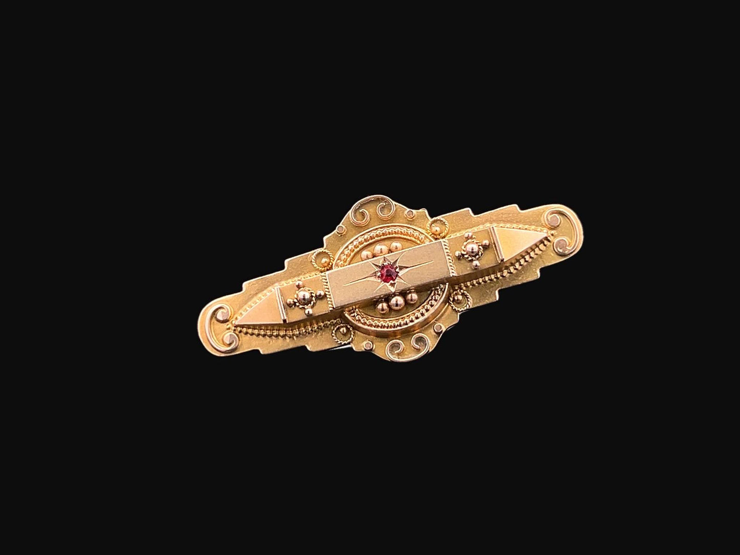 Antique Edwardian 'Locket Back' Star Set Ruby 9ct Gold Etruscan Revival Bar Brooch. Dated Birmingham 1907