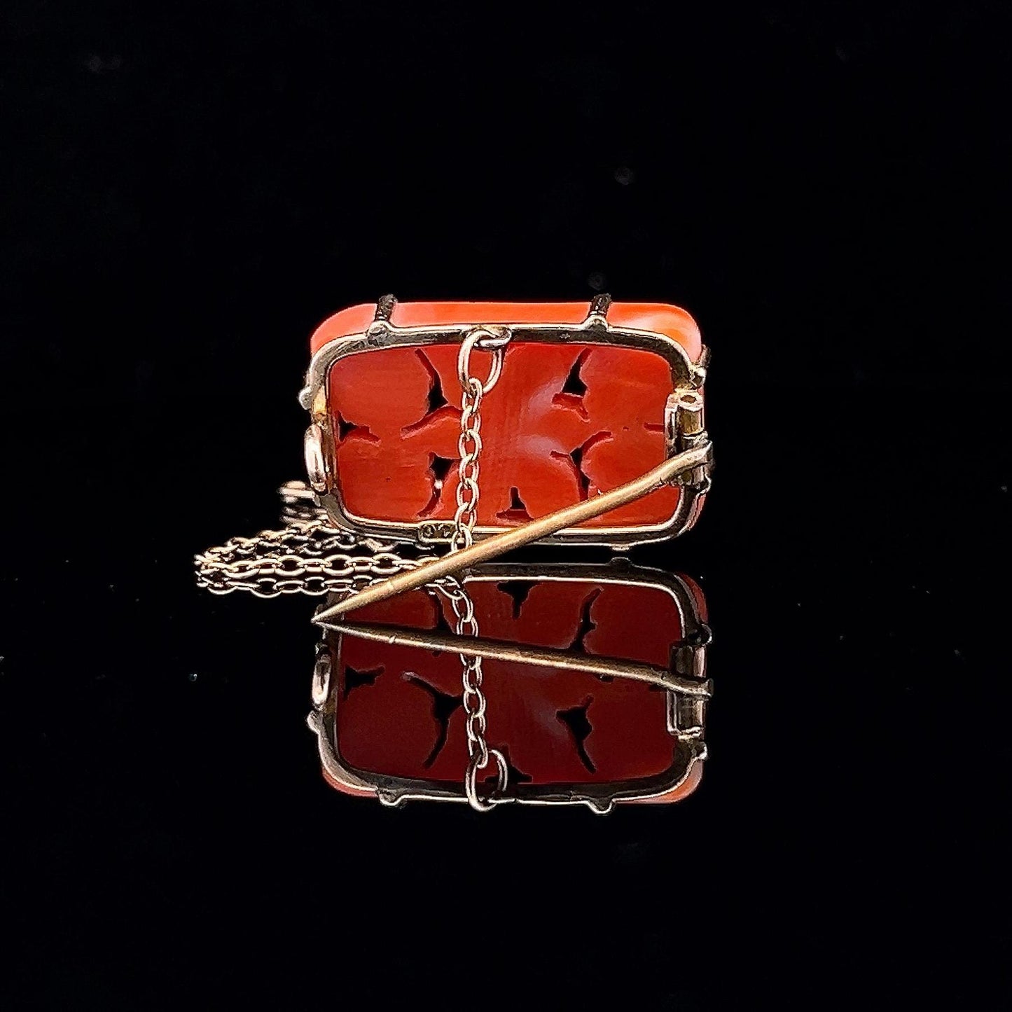 Antique Art Deco Carved Coral Brooch. 9ct Rose Gold. Circa 1920.