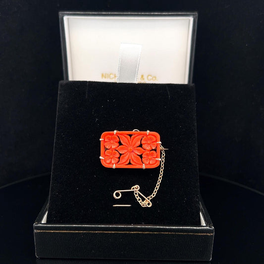 Antique Art Deco Carved Coral Brooch. 9ct Rose Gold. Circa 1920.