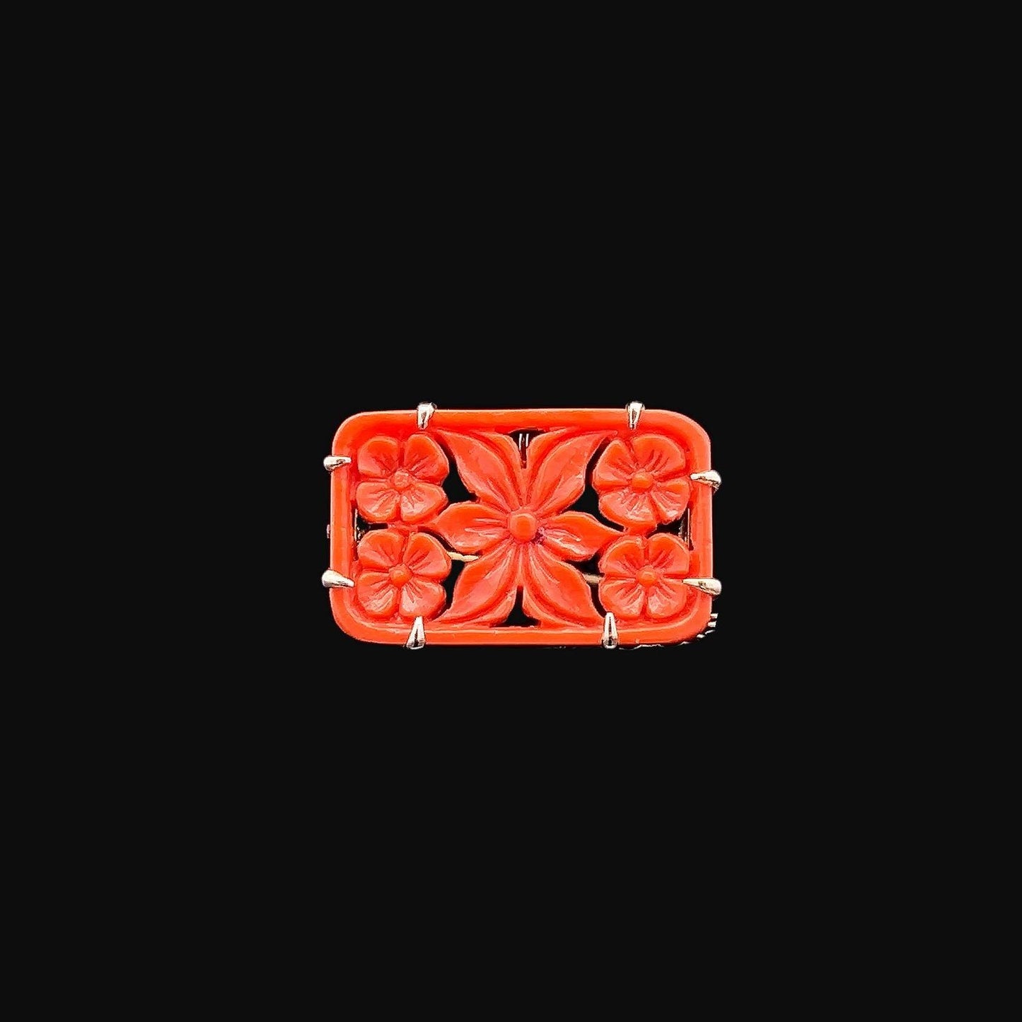 Antique Art Deco Carved Coral Brooch. 9ct Rose Gold. Circa 1920.