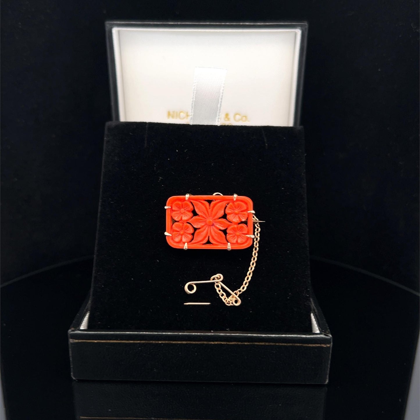 Antique Art Deco Carved Coral Brooch. 9ct Rose Gold. Circa 1920.