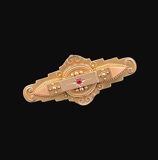 Antique Edwardian 'Locket Back' Star Set Ruby 9ct Gold Etruscan Revival Bar Brooch. Dated Birmingham 1907